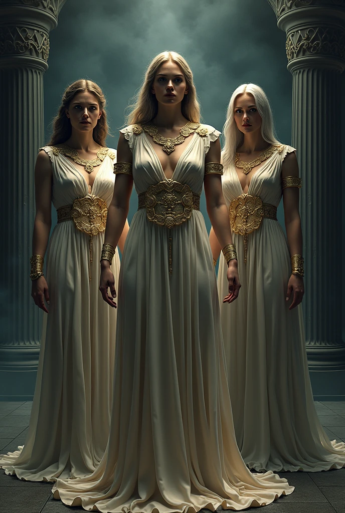 The Moirae are three goddesses from Greek mythology who personify the fate of mortals.. They are represented as three hieratic women, stern-looking and dressed in robes:
Cloto: She carries a spinning wheel and represents the past Lachesis: He carries a stick, a pen or a globe Atropos: Carry scissors or a scale