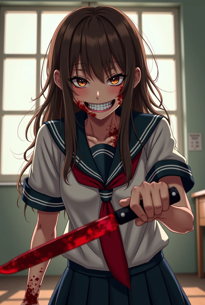 Unpleasant smile of a girl who loves knives in a school classroom、Niccoli holding a knife in one hand、Psychopath horror、Bloody、Blood droplets、Dynamic movement