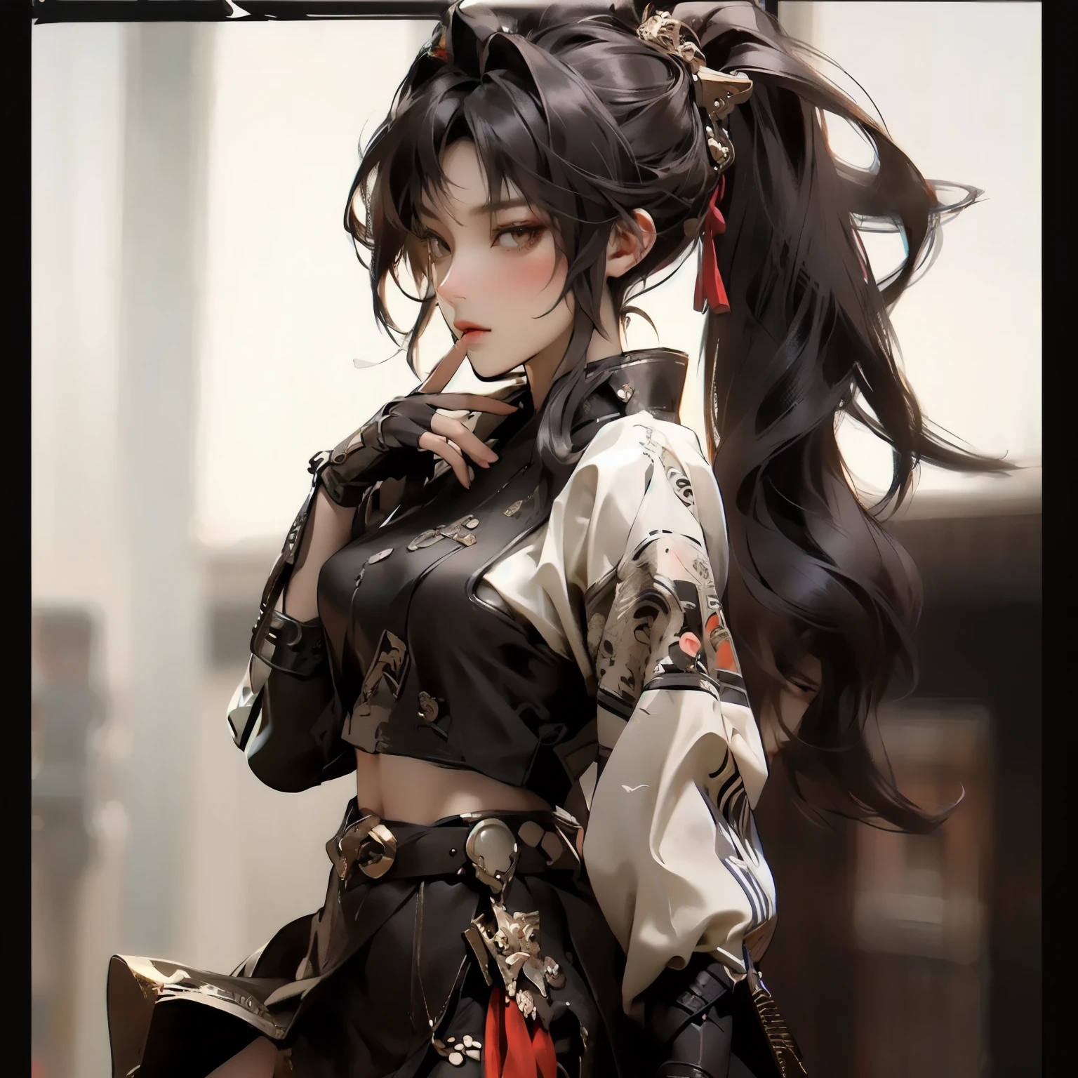 ((best quality)), ((Masterpiece)), ((Enrich the picture,Masterpiece level quality)), ultra background details, an image of a beautiful cyberpunk woman, mature woman, fierce woman, FBI uniform, หมวกตำรวจ, future theme, (( high long ponytails, golden hair)), golden eyes, sexy mini bikini, sexy black mini skirt, sexy jacket, ผู้คน, office, ตุ้มหู, headgear, gloves