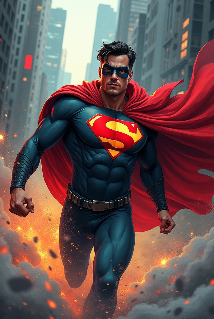 ((best quality)), ((masterpiece)), (detailed), Evil Superman in black suit with red eyes, hovering above Gotham after he's burnt it.