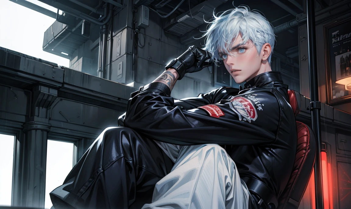 a male focus, kyo,the king of fighter jacket black leather hoodie, white zipper shirt, fighting black jean, black heavy bike look like betmen, fingerless gloves, shirt, boots, upper body masterpiece, best quality, absurdres solo Detailing full body
