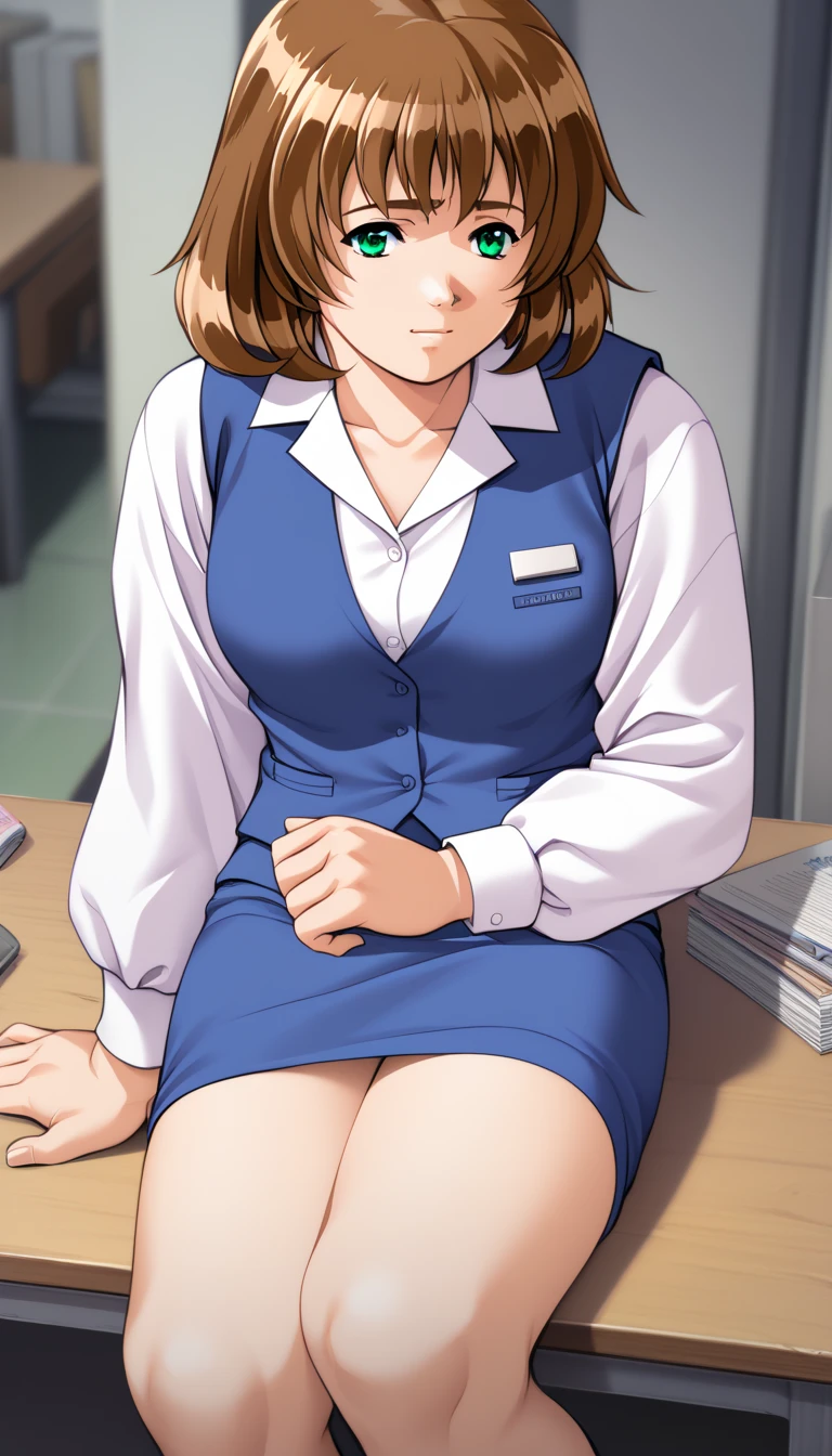 (((カウボーイショット)))、
Business_suit,long sleeves, white shirt, blue vest,
office lady, 
green eyes ,brown hair,Bangs,medium hair,
1 girl, 20yo,Young female,Beautiful Finger,Beautiful long legs,Beautiful body,Beautiful Nose,Beautiful character design, perfect eyes, perfect face,expressive eyes,perfect balance,
looking at viewer,(Focus on her face),closed mouth, (innocent_big_eyes:1.0),Light_Smile,
official art,extremely detailed CG unity 8k wallpaper, perfect lighting,Colorful, Bright_Front_face_Lighting,shiny skin,
(masterpiece:1.0),(best_quality:1.0), ultra high res,4K,ultra-detailed,
photography, 8K, HDR, highres, absurdres:1.2, Kodak portra 400, film grain, blurry background, bokeh:1.2, lens flare, (vibrant_color:1.2),professional photograph,
(Beautiful,large_Breasts:1.4), (beautiful_face:1.5),(narrow_waist),