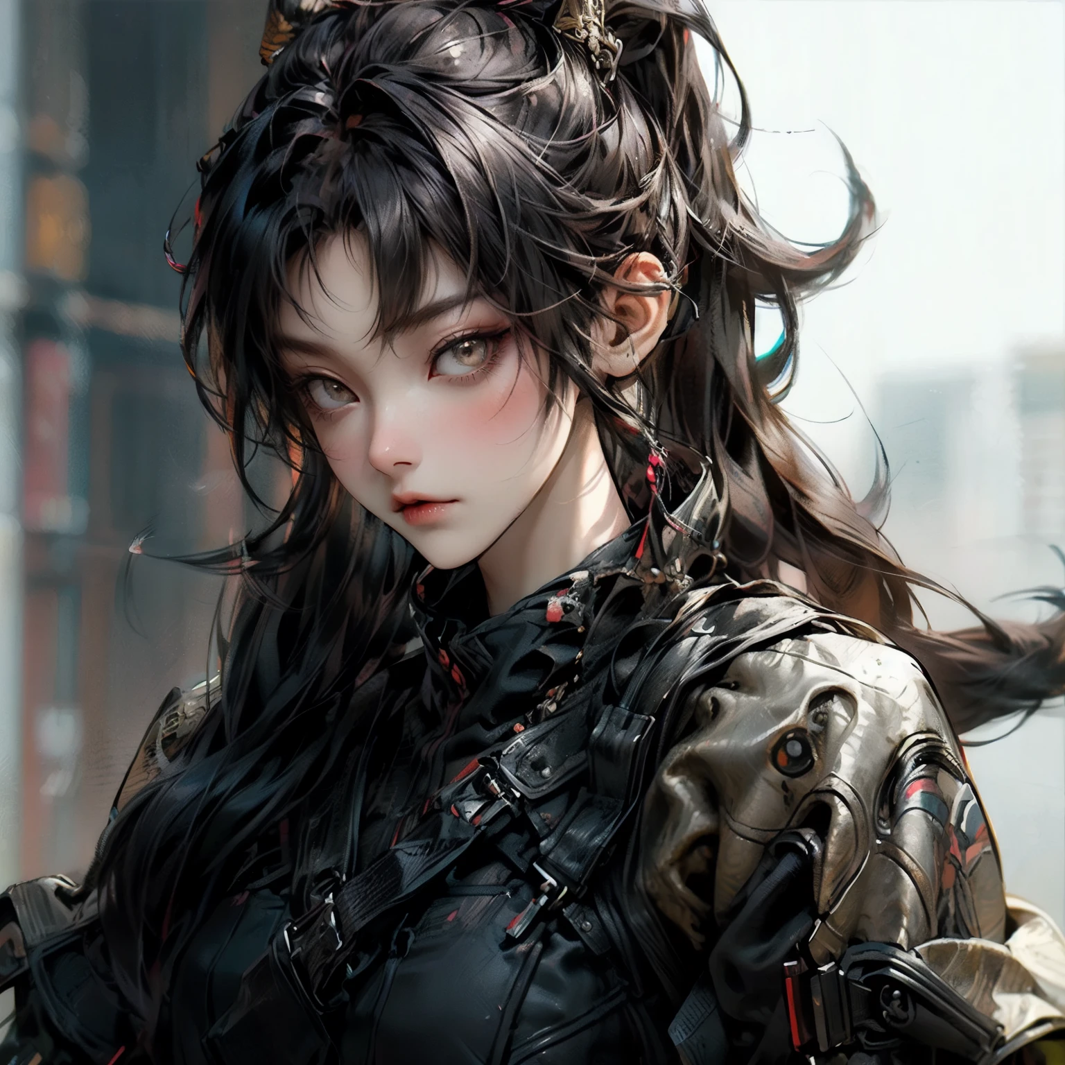 ((best quality)), ((Masterpiece)), ((Enrich the picture,Masterpiece level quality)), ultra background details, an image of a beautiful cyberpunk woman, mature woman, fierce woman, FBI uniform, หมวกตำรวจ, future theme, (( high long ponytails, golden hair)), golden eyes, sexy mini bikini, sexy black mini skirt, sexy jacket, ผู้คน, office, ตุ้มหู, headgear, gloves