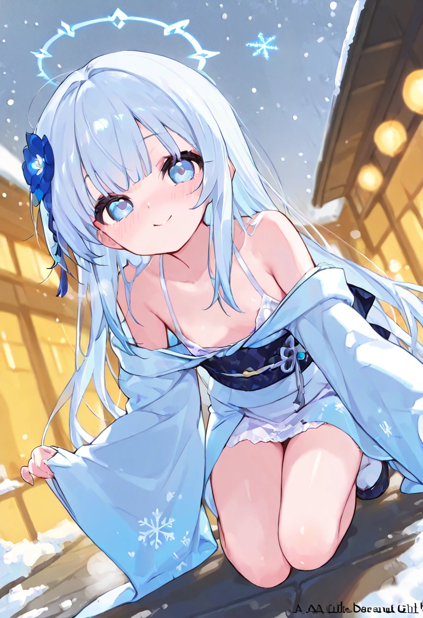 Blue eyes Light blue hair Animal ears Surprised Kimono Kimono partially off Cleavage visible Hot spring Snow