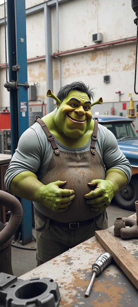male, orc, ((green skin)), jeans, backwards facing hat, white sleeveless shirt, grease stains, tough, handsome, hairy arms, hairy chest, <lora:GayOrc:1>, mechanic, mechanic garage, car, work bench, tools