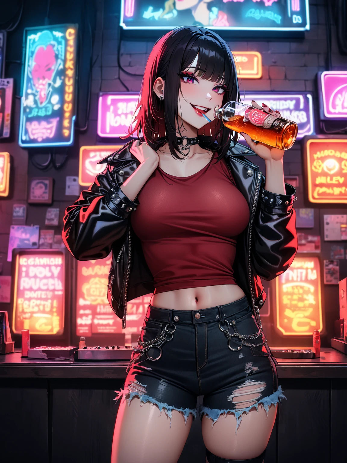 obra maestra, Of the highest quality, high resolution, junkotvv
tiro de vaquero, vista frontal,
Atractivo escote de cajero de mcdonalds maduro, mcdonalds, Edge lighting, 
1 chica, alone, pelo largo y negro, red eyes, pechos medianos, orejas de gato
Mirando al espectador,  
hermoso rostro, Hermosos y detallados ojos rojos., Cuerpo hermoso, Hermosos pechos, Hermosos muslos,