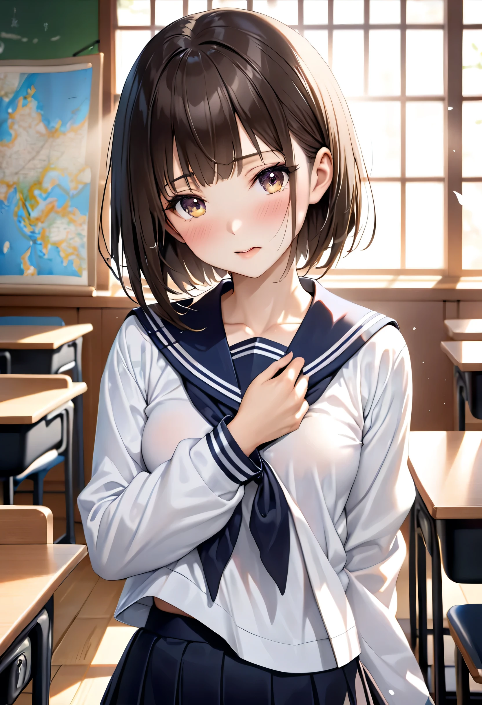 nsfw,alone, (One girl), Elementary school girl,8-year-old, ((White panties)), (wearing only the top half of sailor school uniform), Sailor with un-folded hems, sexy, (Cowboy Shot), ((Put your arms behind your head)), classroom, With a girl:hair is black and short, Her face is round and cute。It's below the knee。The shoes are black loafers。The girl had a surprised look on her face, Joy and emotion.、With eyes wide open, Open your mouth, Tears were reddening her cheeks, The cheeks and hands are drawn large., Black Hair, Low twin tails, (Are standing),(Shy, Embarrassing),Sit on a chair、Spread your legs、((pussy cameltoe:1.0)),Wet,