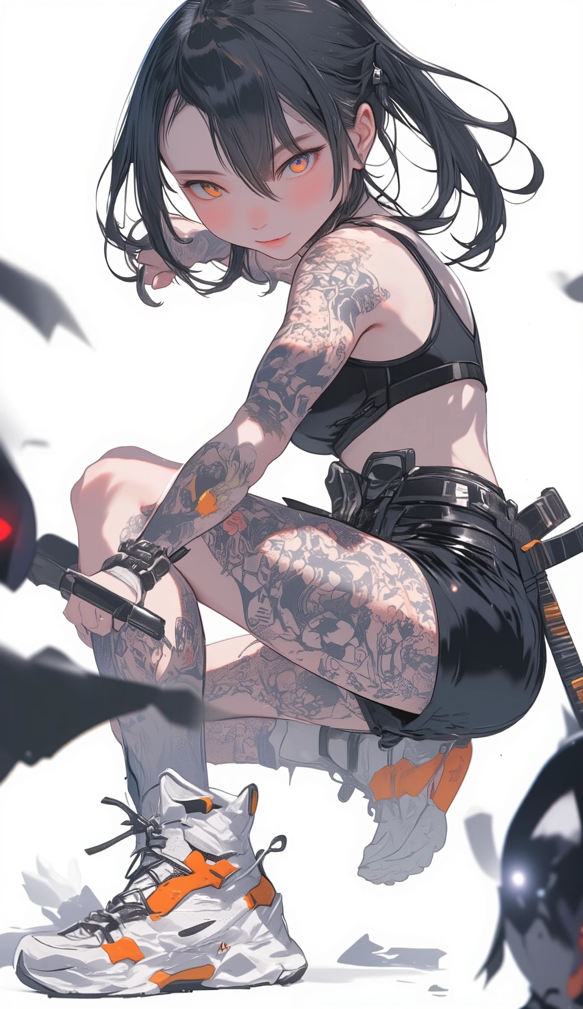 (Highest quality、masterpiece:1.2),One woman、Jet black short hair、Beautiful woman getting a tattoo、Full body tattoos、(Savage look、Lewd smile)