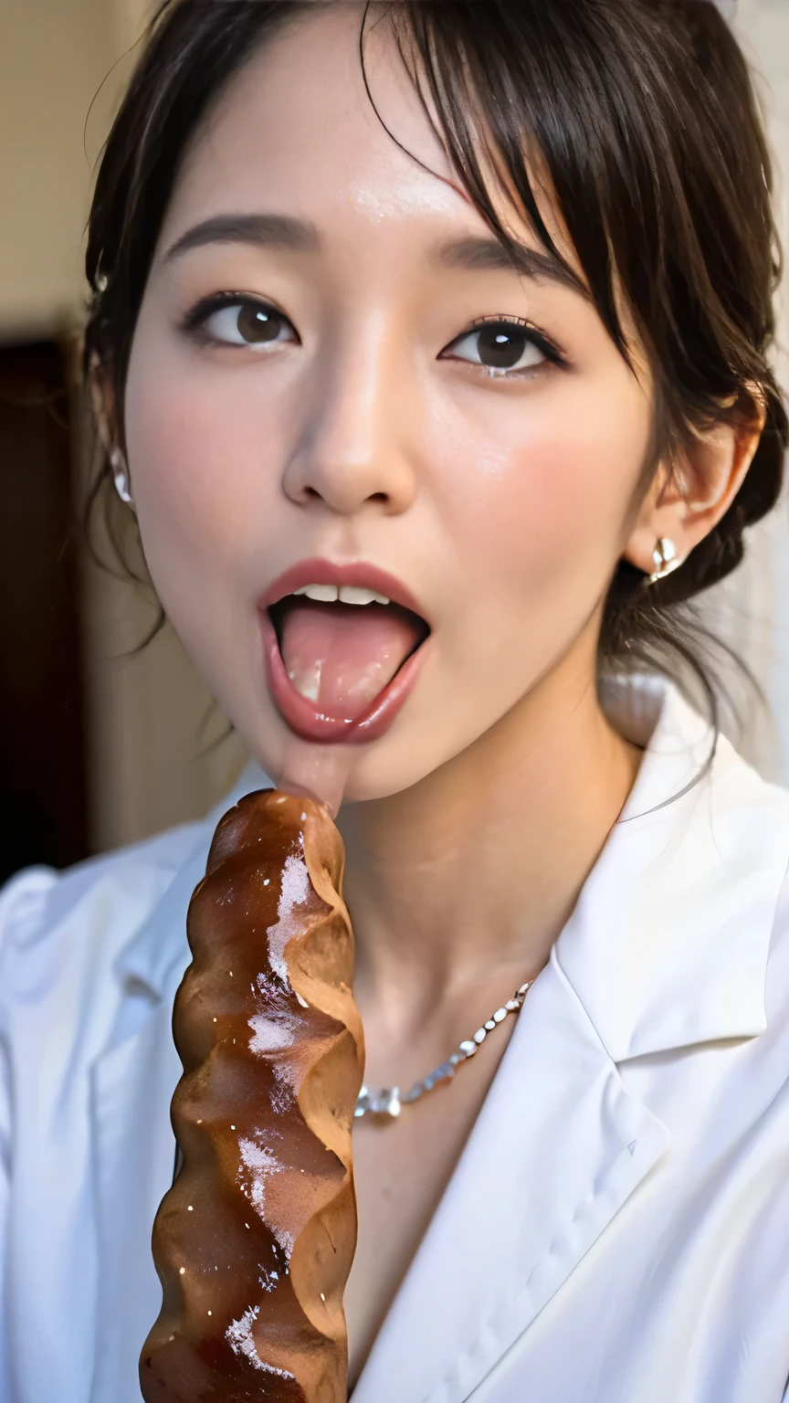 Masterpiece, best quality , complicated details, very detailed on trends, Cinematic Lighting , alone, 1 Girl, 歳のJapan の女子生徒, white skin, (oral, fellatio , deep throat, holds a French bread in her hand , shovels a large sausage into her mouth, fully open mouth:1.4), ( big breasts, ), dark haired, twin tail hair, cute face, very detailed on trends face, A beautiful eye in every detail , sophisticated nose on wedding day, 青 white skin, fine skin, sweaty , shiny skin , Photo Background, in bed, school uniform, school uniform, Japan , United States , Deep throat ,