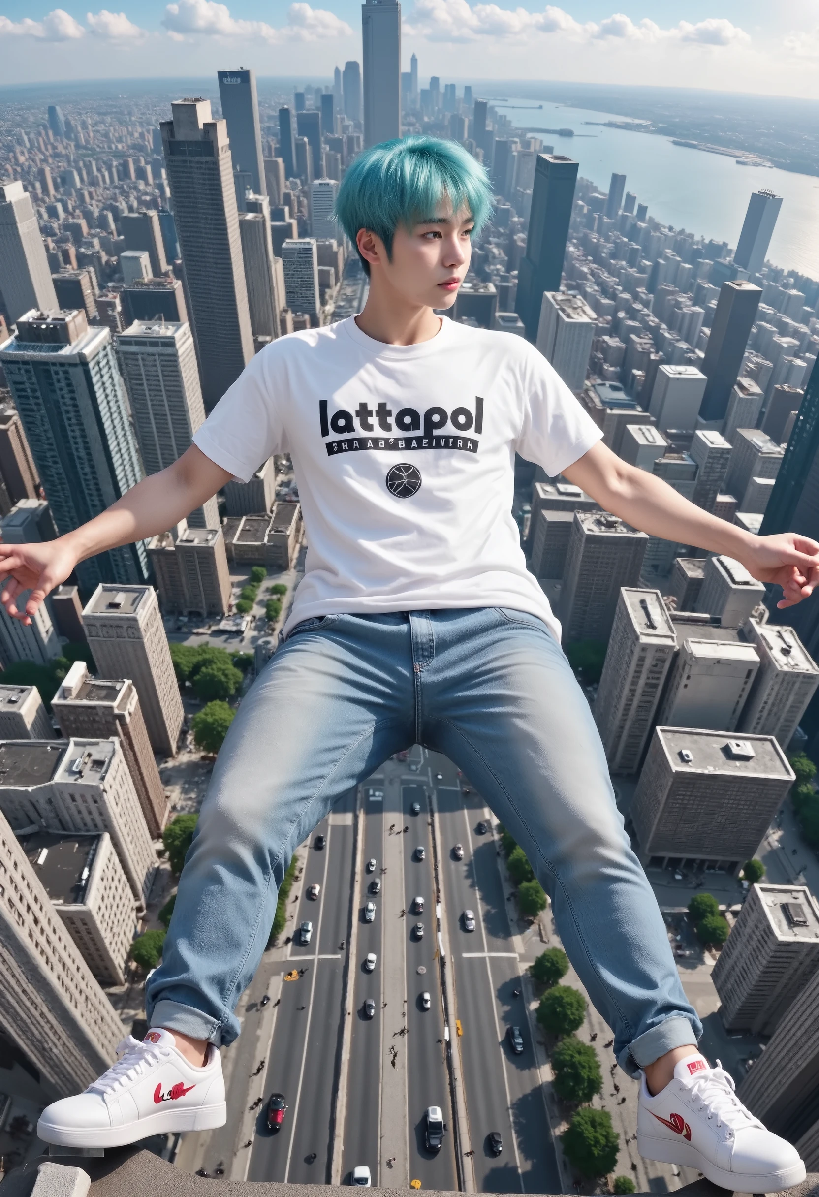 "A highly detailed and realistic panoramic bird's-eye view of a handsome K-POP man with vibrant aqua blue hair. He is wearing a white t-shirt featuring the word 'Lattapol ' and a basketball logo, paired with stylish blue jeans and clean white sneakers. He is floating gracefully in mid-air with his arms outstretched, gazing down at the bustling city below. The expansive urban landscape reveals tall skyscrapers, busy streets filled with cars, and tiny figures of people, all captured in stunning clarity. The bright sunlight illuminates the scene, casting subtle shadows on the man and highlighting the vibrant details of the cityscape. The perspective emphasizes the height and grandeur of the moment, creating an awe-inspiring view of the modern metropolis."
