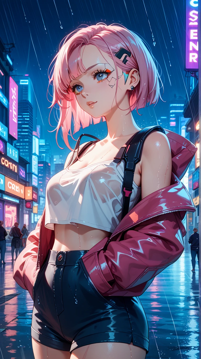 Rain in the city,cool girls , pink hair, night sky ,Purple, cyberpunk,