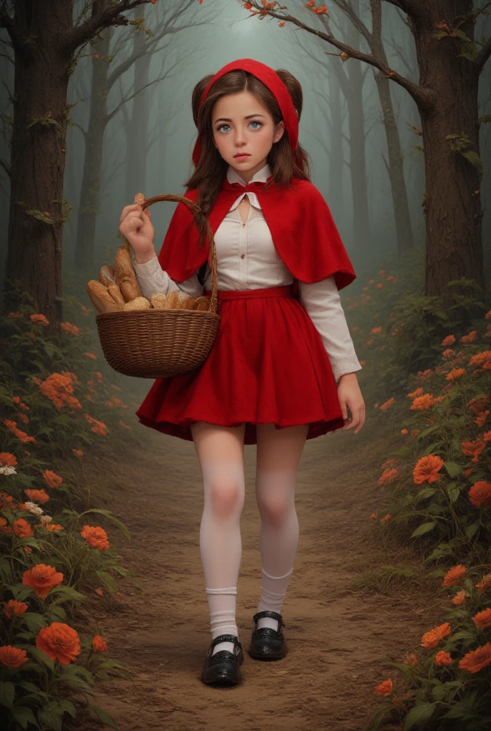teen Emma Watson dressed as little red riding hood, short dress, daytime, woodland path