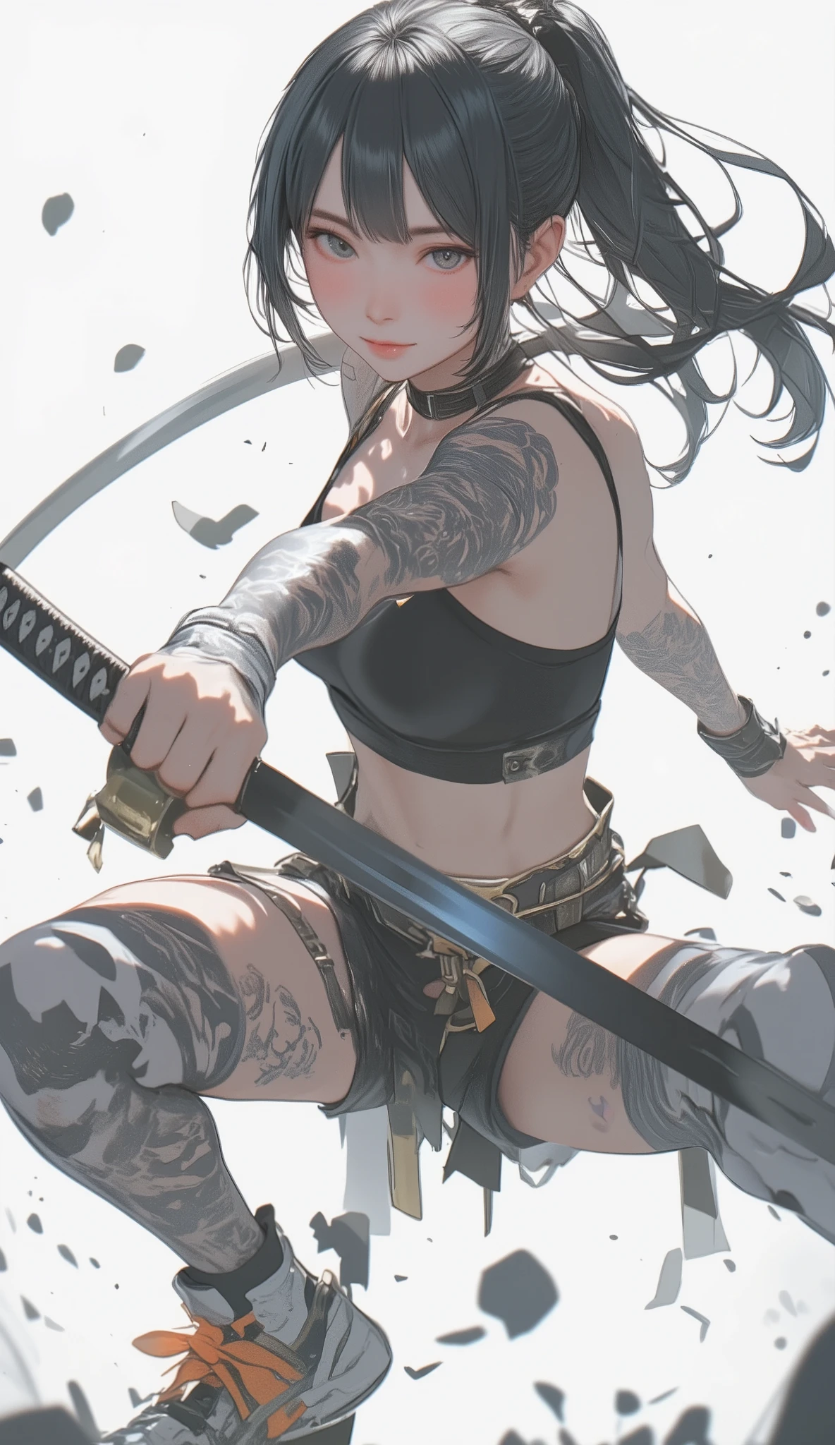 A superheroine wearing skimpy outfit, sleeveless, long hair, flying, wielding daggers, no cape, no mask, dynamic pose, 3d, (8k), detailed texture,(hyperdetailed), (photo realistic), cinematic light, cinematic action, highly detailed, realistic, Isometric, full body, in frame, driven expression, dark theme, (extremely detailed eyes), detailed symmetric realistic face, extremely detailed natural texture, masterpiece, extremely detailed, amazing, fine detail, rich colors, hyper realistic lifelike texture, dramatic lighting, unreal engine, trending on art station, photo realistic, RAW photo, high quality, high res, sharp focus, extremely detailed, cinematic lighting, 8k, high definition, cinematic, neoprene, unreal engine 5, ultra sharp focus