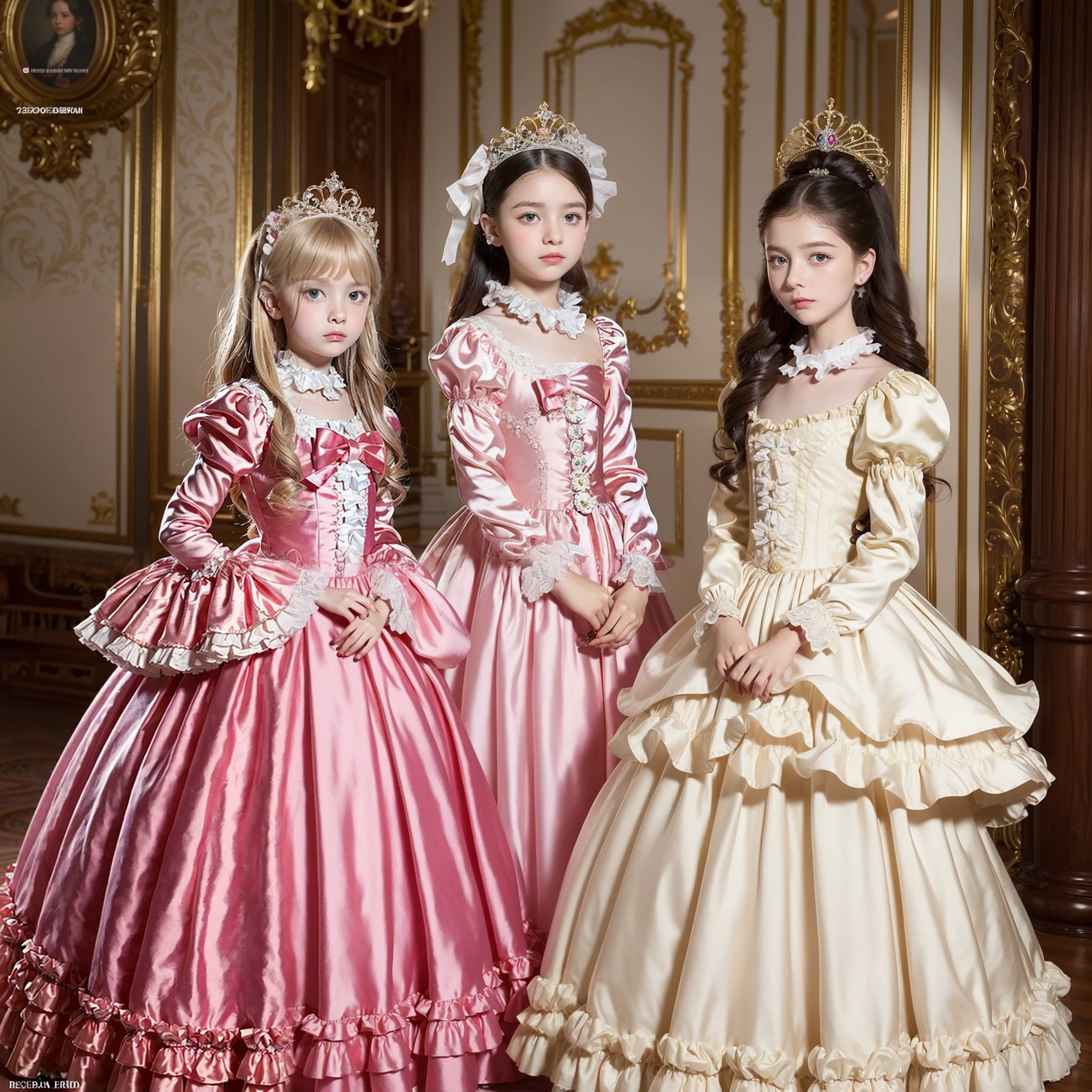 Three girls in dresses are posing for a picture in a room - SeaArt AI