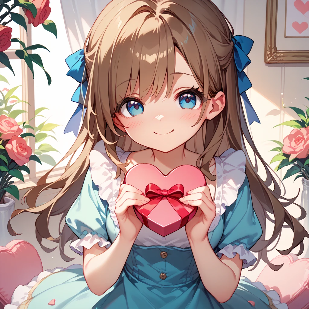 (from front:1.5), from above, 1girl, frilled idol costume, sitting on ground, (giant Heart gift box on chest:1.3), smile, (pubic hair), white simple background, (masterpiece, highest quality, High resolution:1.3), perfect anatomy