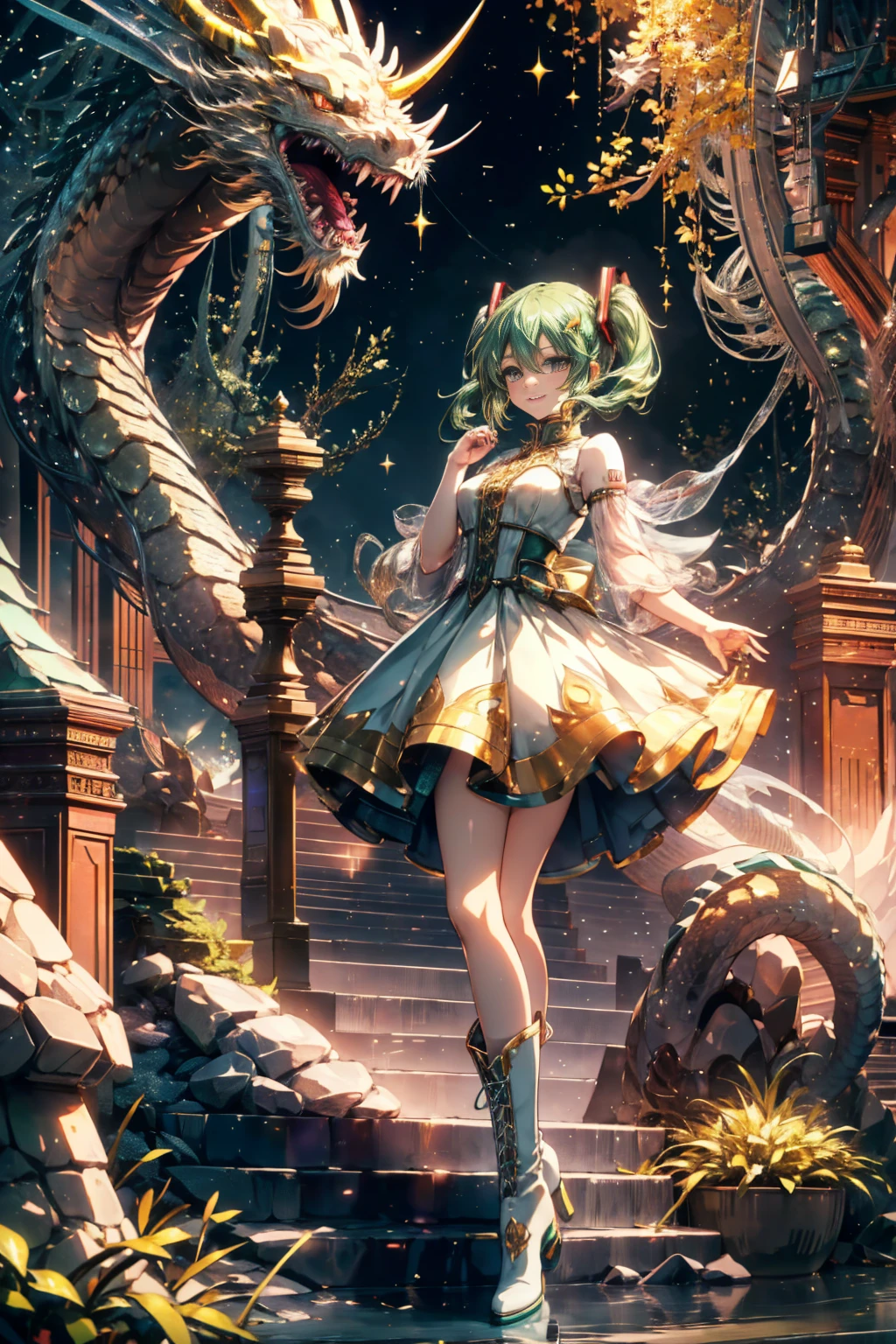 1girl in、Green hair、green white dress、jewely、see -through、see the beholder、hair adornments、a choker、full of shyness、 (masterpiece、top-quality、top-quality、Official art、Beautifully Aesthetic:1.2)、ighly detailed、colourfull、highestdetailed、 (Colossal tits:1.2、)The upper part of the body、(frombelow)、cammel toe、skirt rift、 城市、a street、suns、云、walls、leaning、鎖骨、thighs thighs thighs thighs、(((produce jewelry))), Ayleid of Veld, Veld s eyes have legs,Heart-shaped pupil,full-body view】, Perfect eyes, Perfect face, Perfect Lighting, Mature woman Gosgar standing with hands in front of her,,Solo, (Beautiful face:1.40), Slim body, Fine skin, Smile, focus on viewer, Beautiful lighting,