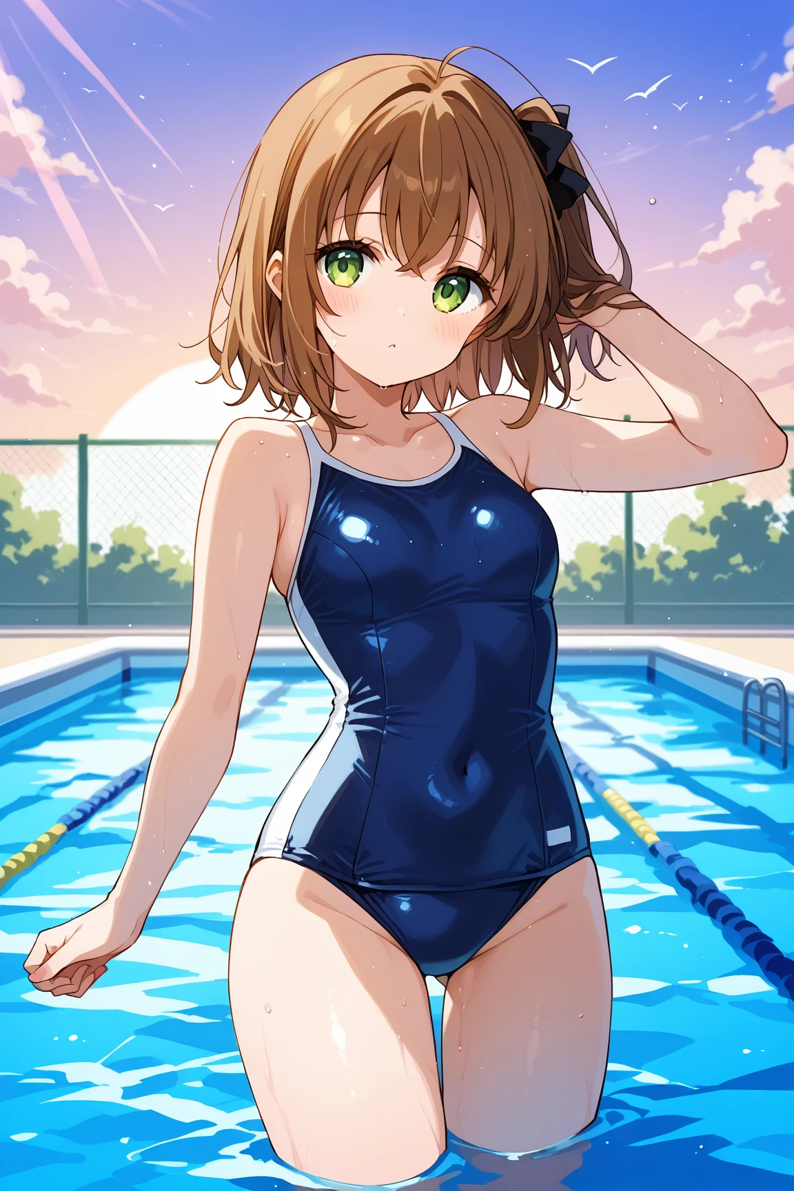  top quality 、幼い girl が1人、 focus on face 、Extremely small bust 、 slender body、 dark brown hair 、 brown skin next to a woman、ショートツインテールの girl 、 blue eyes、 is standing、 navy blue school swimsuit、 girl 、whole body、 slender body、Slender legs、Pool、sit、blue sky、smile、The sun shines in、lie down、Water Drop、vapor、Hide your chest、Embarrassed、blush