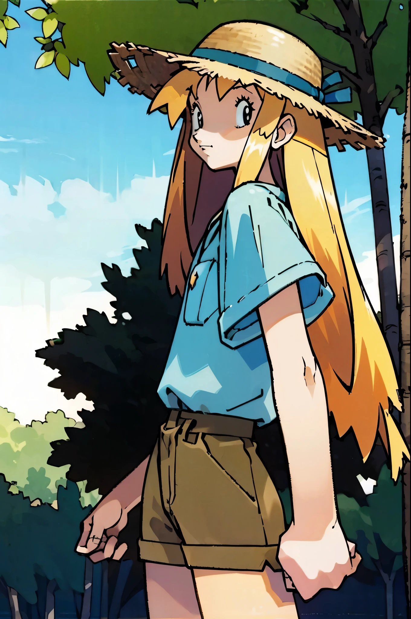 by Ken Sugimori, sugimori 1990s, ((only 1guy)), linen shirt and shorts, straw hat, hand net, forest in the background, ((hands behind their back)), full black pupils, manga, best quality, highly detailed, clean lines, cowboy shot, good hands, good eyes, hd, 8k, professional, symmetrical, hires, 8k,