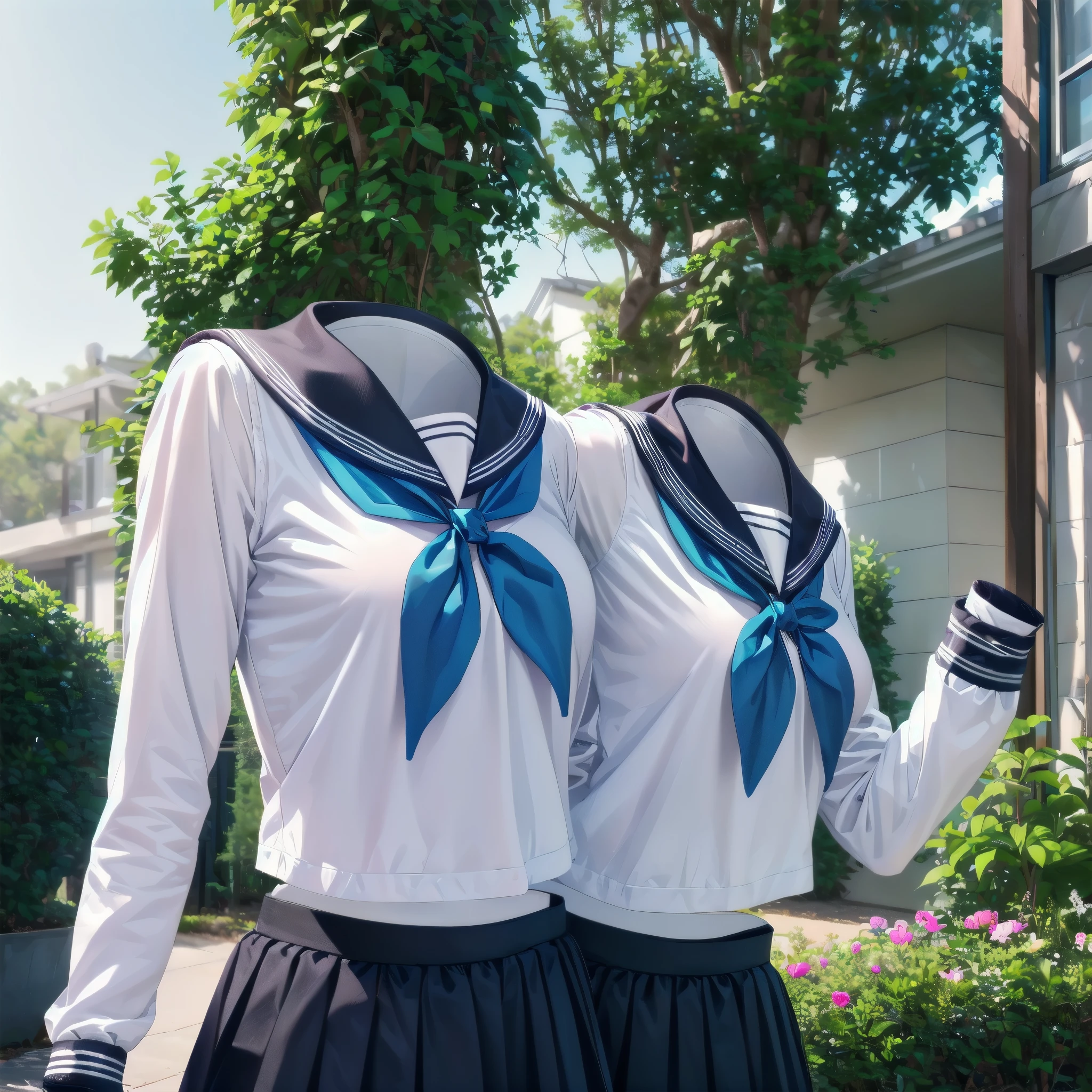 (8k, RAW photo, best quality, masterpiece:1.2), (realistic, photo-realistic:1.37), photon mapping, radiosity, ((Hasselblad photography)), physically-based rendering, detailed cloth texture, extremely detailed background, (invisible, no humans, headless, faceless:1.2), in garden, 1girl, a sailor suit made of textured fabric with fine stitching, soft lighting to enhance the texture of the fabric, shirt, long sleeves, bow, school uniform, white shirt, serafuku, sailor collar, neckerchief, blue bow, black sailor collar, blue neckerchief, Sailor Uniform