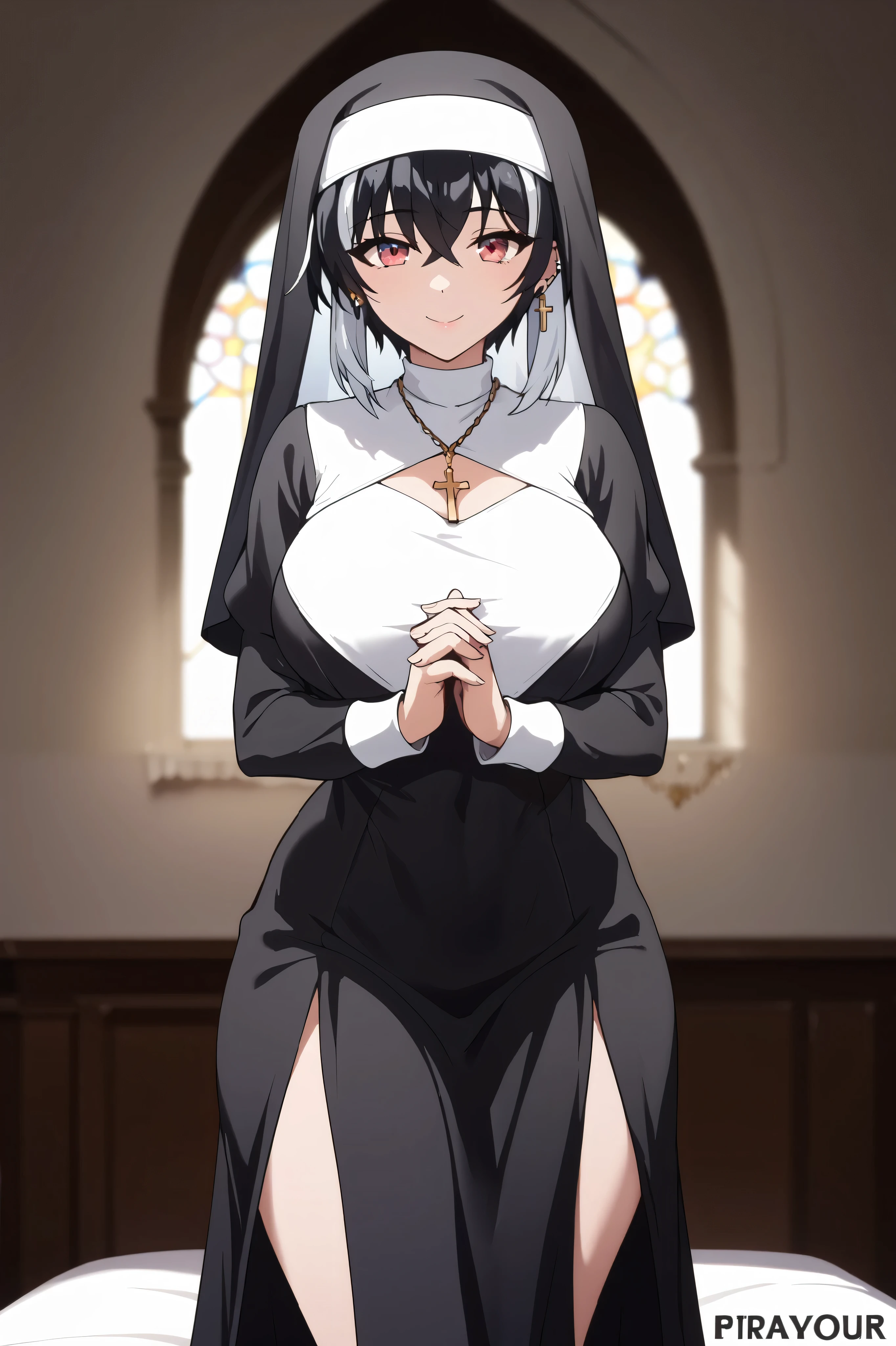 2heads, a tall thin woman with 2 heads, black hair, white hair, red eyes, blue eyes, grinning, She is wearing a nun and clothes that cover the breasta. She is inside a bedroom. She is walk in the bedroom, lager breasts. tomboy, ear piercing,