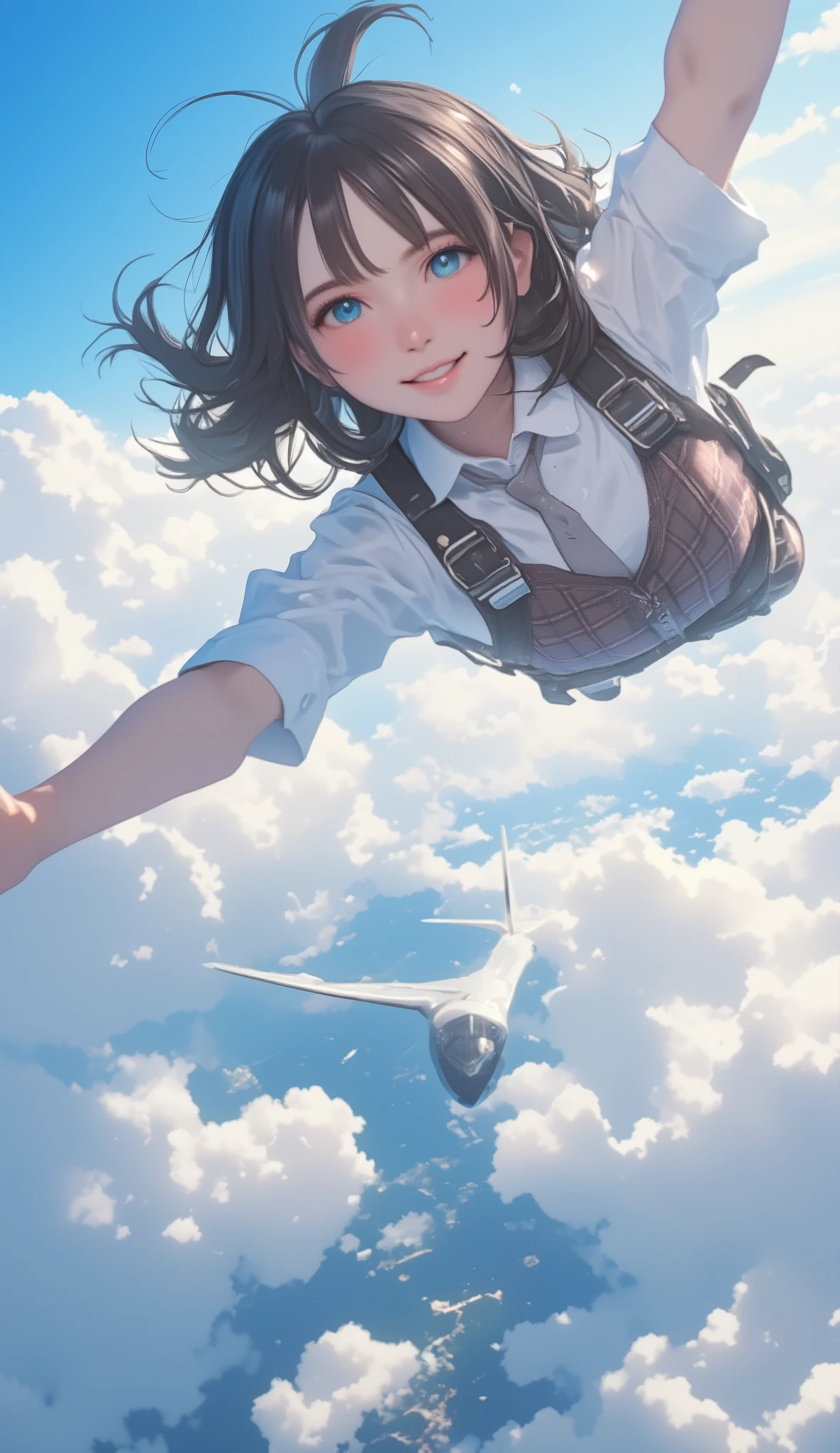 skydiving high school girl 、 falling vertically off her head 、High above the clouds 、A jumbo jet is flying below、Genuine