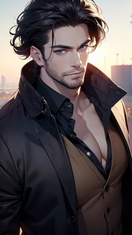 (best quality,4k,8k,highres,masterpiece:1.2),ultra-detailed,(realistic,photorealistic,photo-realistic:1.37),30 year old man,3 day beard,handsome anime,portraits,strong,masculine,dark hair,sharp jawline,mesmerizing eyes,perfectly styled hair,cool anime outfit,confident expression,vibrant colors,dynamic lighting, expression smile in love. ((CEO))
