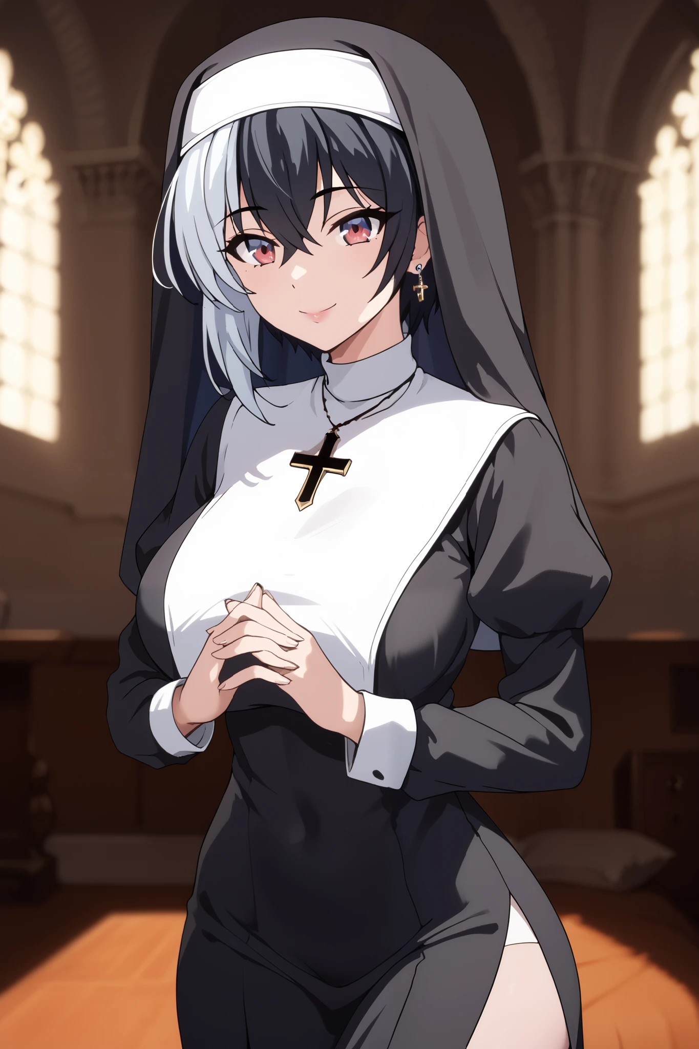 2heads, a tall thin woman with 2 heads, black hair, white hair, red eyes, blue eyes, grinning, She is wearing a nun and clothes that cover the breasta. She is inside a bedroom. She is walk in the bedroom, lager breasts. tomboy, ear piercing,