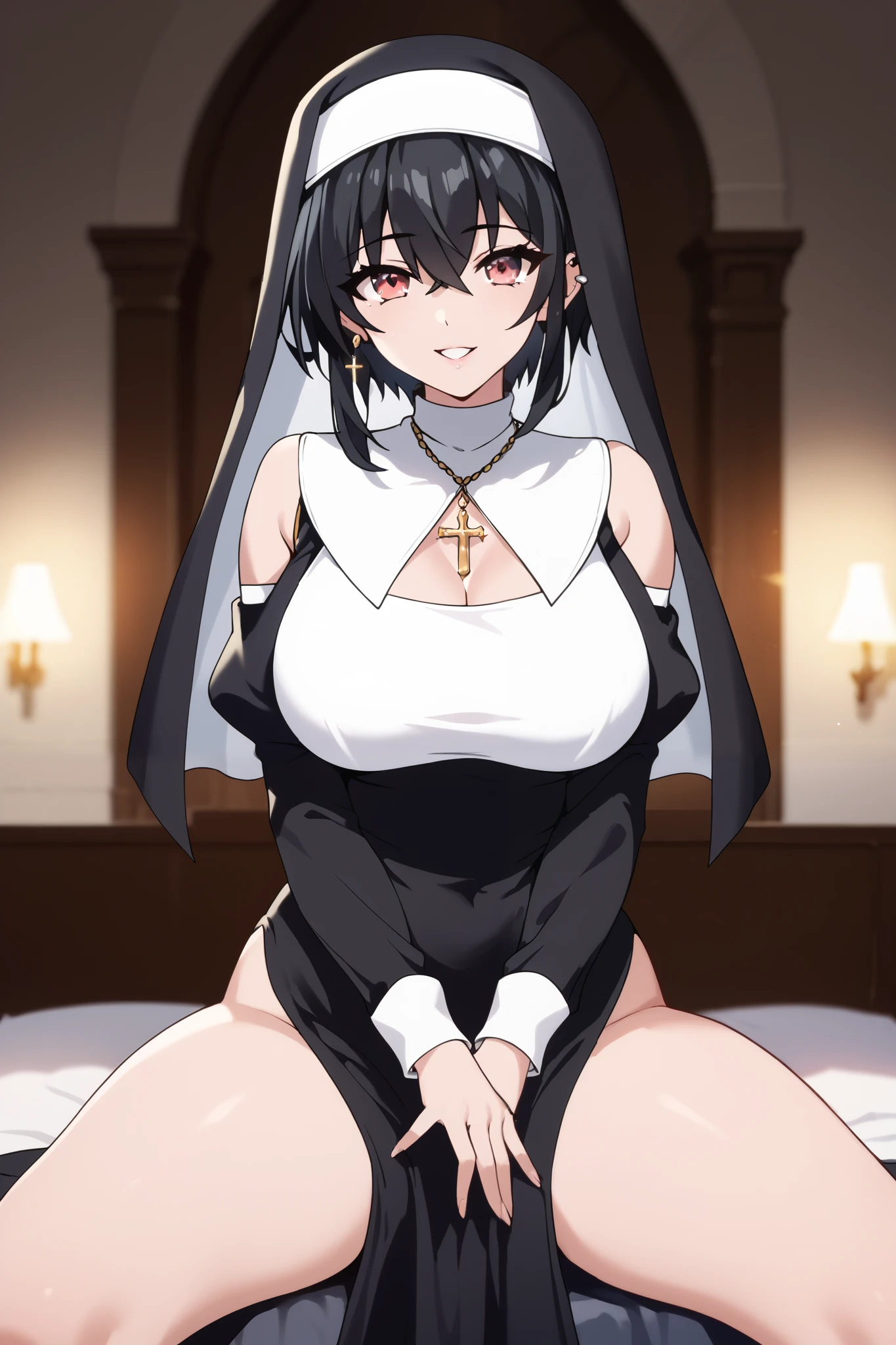 2heads, a tall thin woman with 2 heads, black hair, white hair, red eyes, blue eyes, grinning, She is wearing a nun and clothes that cover the breasta. She is inside a bedroom. She is walk in the bedroom, lager breasts. tomboy, ear piercing,