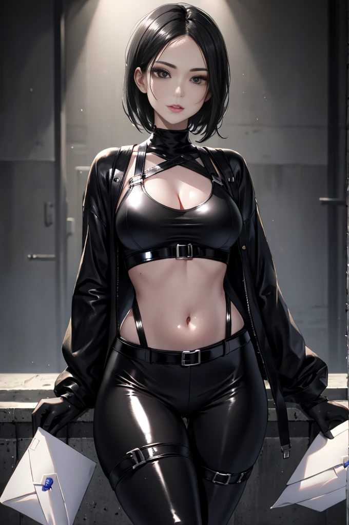 8K Ultra Clear，16-year-old girl，legs are open，half squatting，Erotic jumpsuits，Lace，with short black hair，Loafer shoes，cleavage，No collar and no sleeves，leaky belly button，Bondage