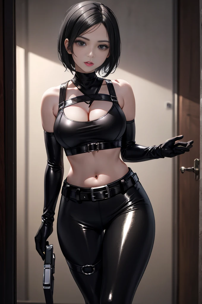 Realistic, 1 women, short black hair, burgundy lips, blank eyes, muscles, black dress, confidence look, black hat, witch --auto --s2