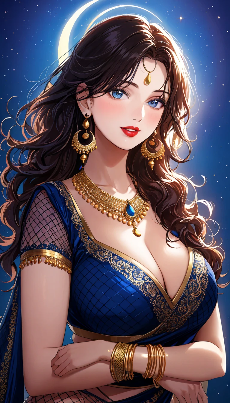 a beautiful woman with detailed facial features, wearing a green printed saree, gold jhumka earrings, seductive pose, wavy silky hair, perfect hourglass body, white skin, blue eyes, makeup, tattoo, (best quality,4k,8k,highres,masterpiece:1.2),ultra-detailed,(realistic,photorealistic,photo-realistic:1.37),detailed eyes,detailed lips,extremely detailed face,longeyelashes,average breasts,perfect body,vivid colors,detailed jewelry