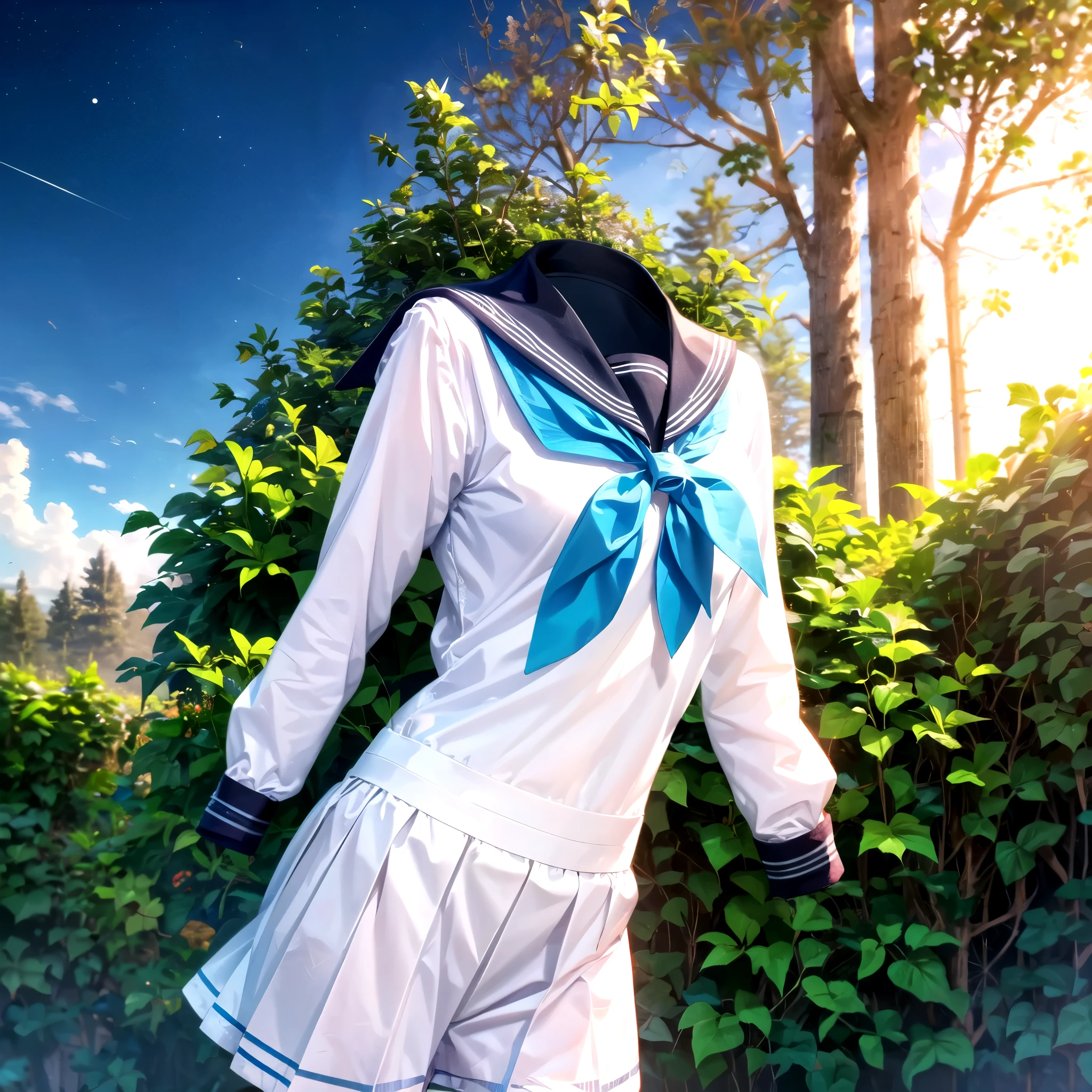 (8k, RAW photo, best quality, masterpiece:1.2), (realistic, photo-realistic:1.37), photon mapping, radiosity, ((Hasselblad photography)), physically-based rendering, detailed cloth texture, extremely detailed background, (invisible, no humans, headless, faceless:1.2), in garden, 1girl, a sailor suit made of textured fabric with fine stitching, soft lighting to enhance the texture of the fabric, shirt, long sleeves, bow, school uniform, white shirt, serafuku, sailor collar, neckerchief, blue bow, black sailor collar, blue neckerchief, Sailor Uniform
