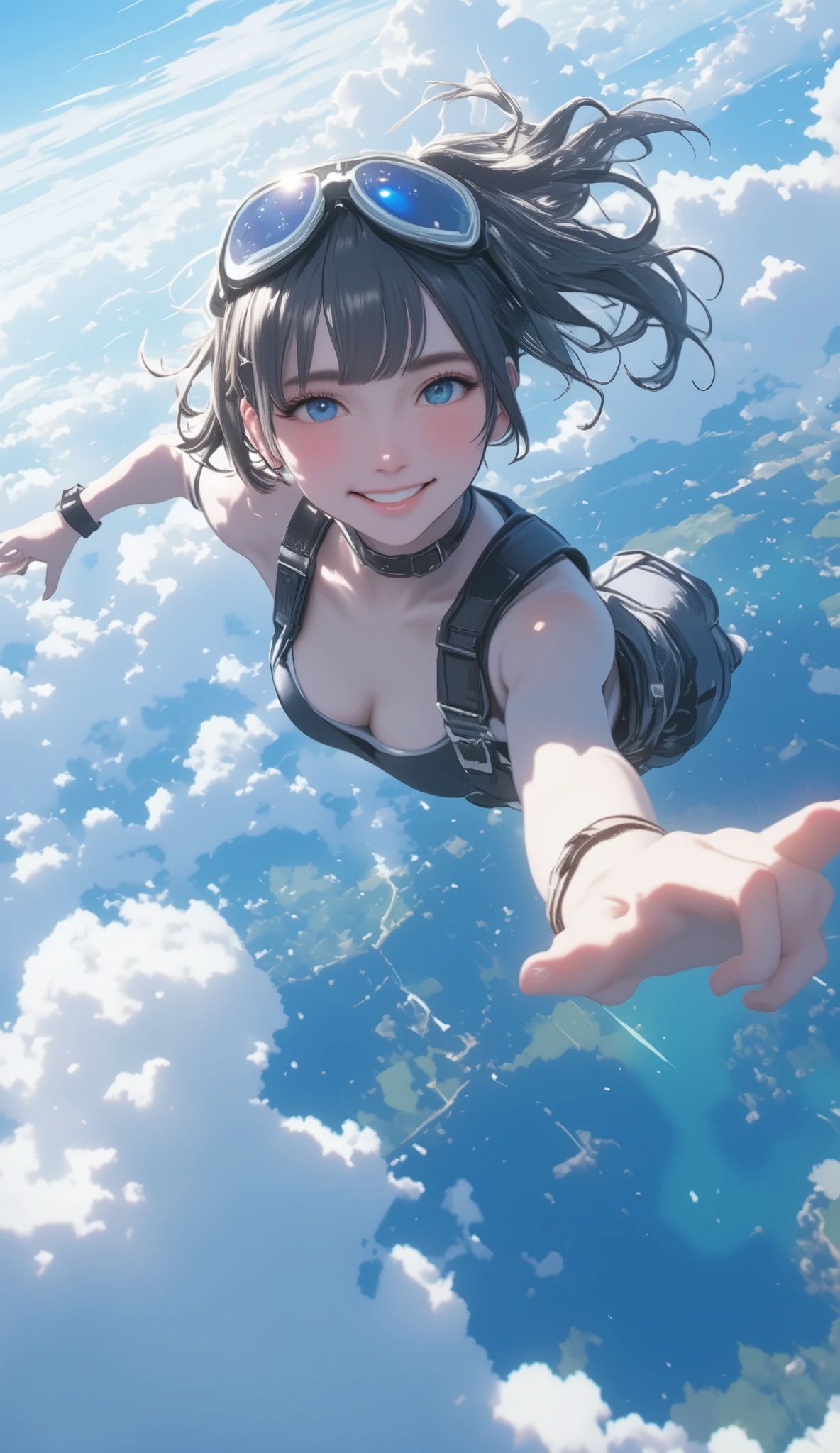 skydiving high school girl 、solo、 falling vertically off her head 、High above the clouds 、Genuine