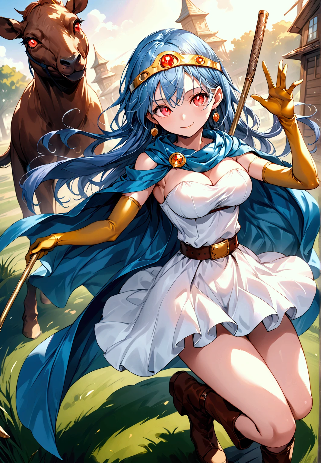 masterpiece, highest quality, Very detailed, figure, Sage_(dq3), One girl, (holding staff, staff:1.3), alone, Long Hair, Blue Hair, Circlet, Red eyes, Mid-chest, yellow gloves, White Dress, belt, Cape, boots, Cleavage, Exposing shoulders, underwear, Are standing, whole body, Grass, Wind lift, Simple Background, White Background