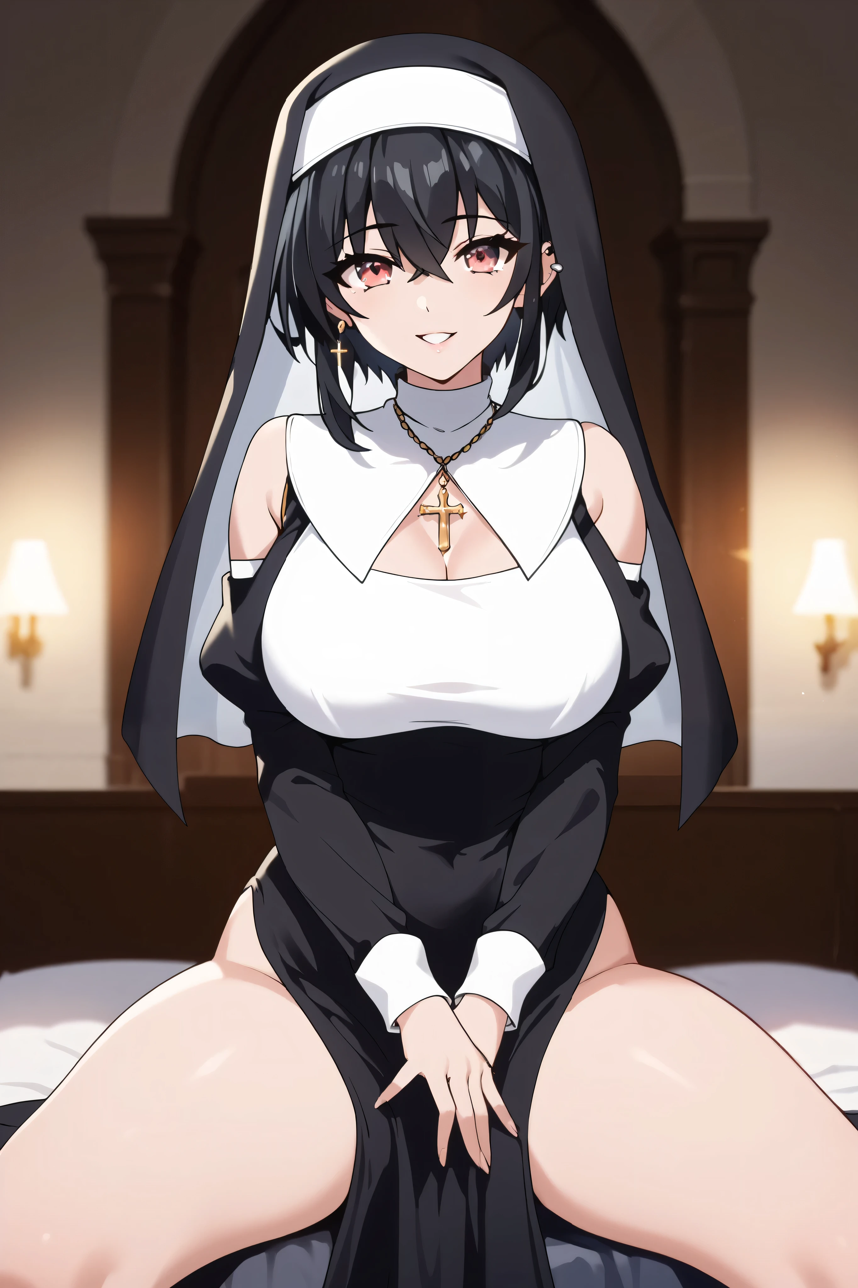 2heads, a tall thin woman with 2 heads, black hair, white hair, red eyes, blue eyes, grinning, She is wearing a nun and clothes that cover the breasta. She is inside a bedroom. She is walk in the bedroom, lager breasts. tomboy, ear piercing,