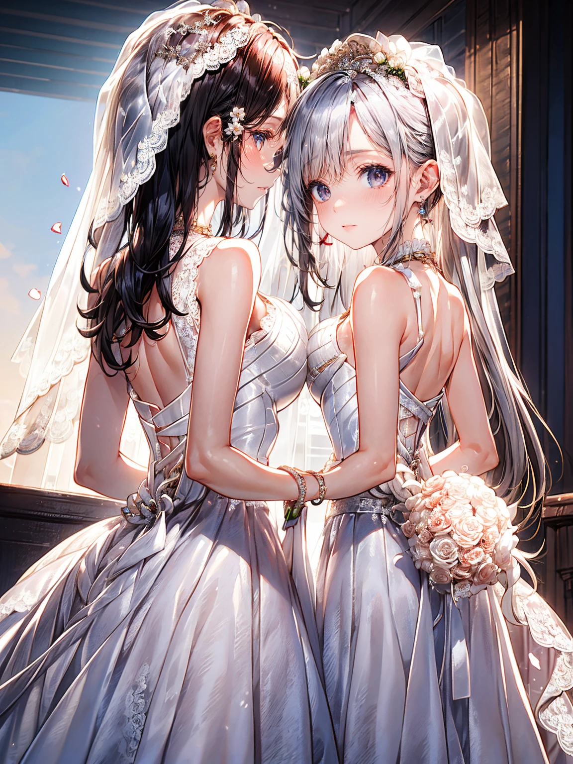 (masuter piece,Best Quality,Ultra-detailed),(absurderes),2girls,lilie,Two women in wedding dresses, Staring at each other, bride, Pale kiss,It's pure,flat-chest,pure love,Junshin,bride
