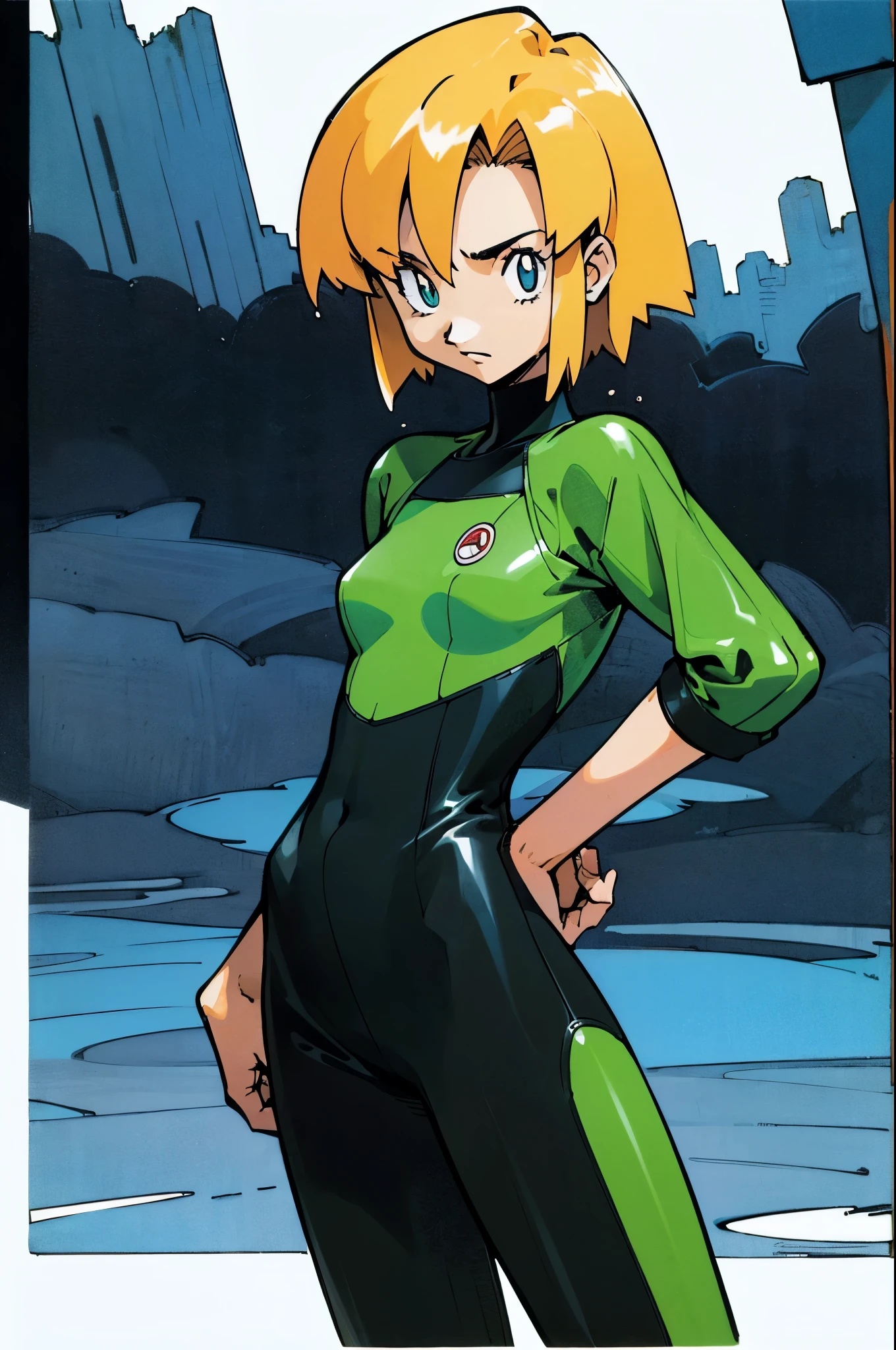 by Ken Sugimori, sugimori 1990s, ((only 1man)) wet suit, swamp in the background, ((hands behind their back)), full black pupils, manga, best quality, highly detailed, clean lines, cowboy shot, good hands, good eyes, hd, 8k, professional, symmetrical, hires, 8k,