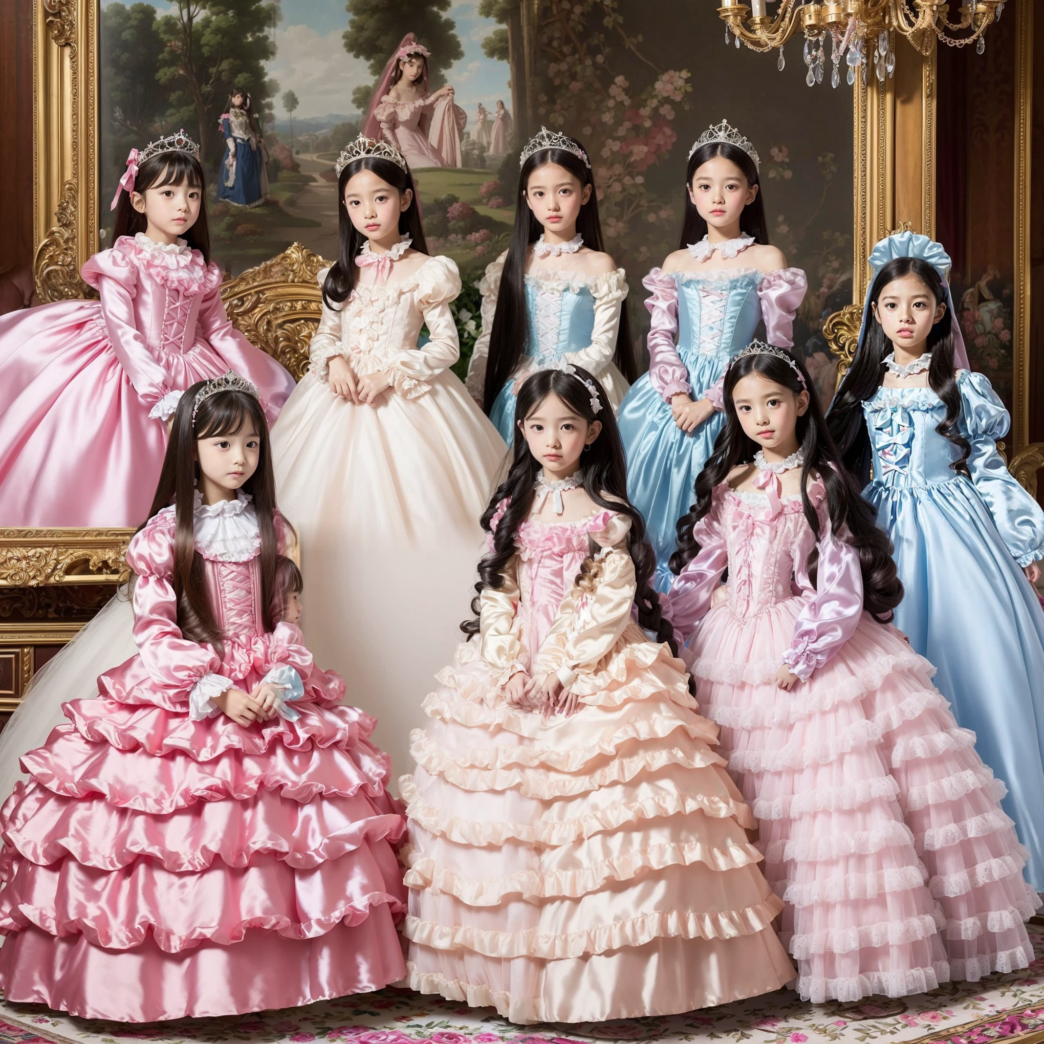 highest quality, masterpiece, highest resolution, artwork, super それにget used to it, many get used to it, get used to it, それにget used to it,, girl,Cute girls,(()),((All 10 year old girls)),The girl is a princess,everyone wears a tiara on their head,((All are wearing pink Victorian dresses with voluminous full-length hoop skirts)),(Long sleeves with ruffles),((A long dress that almost touches the floor)),A dress with lots of frills and ribbons..,((ruffle yoke collar)),luxury,inside the palace,Satin fabric dresses,