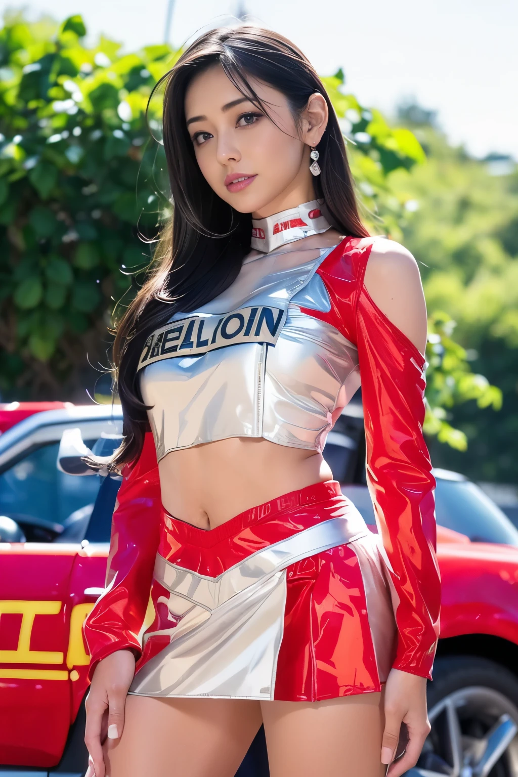 1 Female Race Queen, nsfw、Exposure:1.2、Sponsor logos、Torn Race Queen Cosplay、 Latex suit:1.1、Fishnet tights、Knee-high boots、smile、whole body:1.4、sunlight、(Huge breasts much bigger than her head:1.4、Cleavage、Camel Toe、open chest、Nipples protruding)、Wavy Hair, Fuller lips、Fascinating、Red, blue and gold costume、(Angle from below:1.4)、(Supercar Background:1.4)