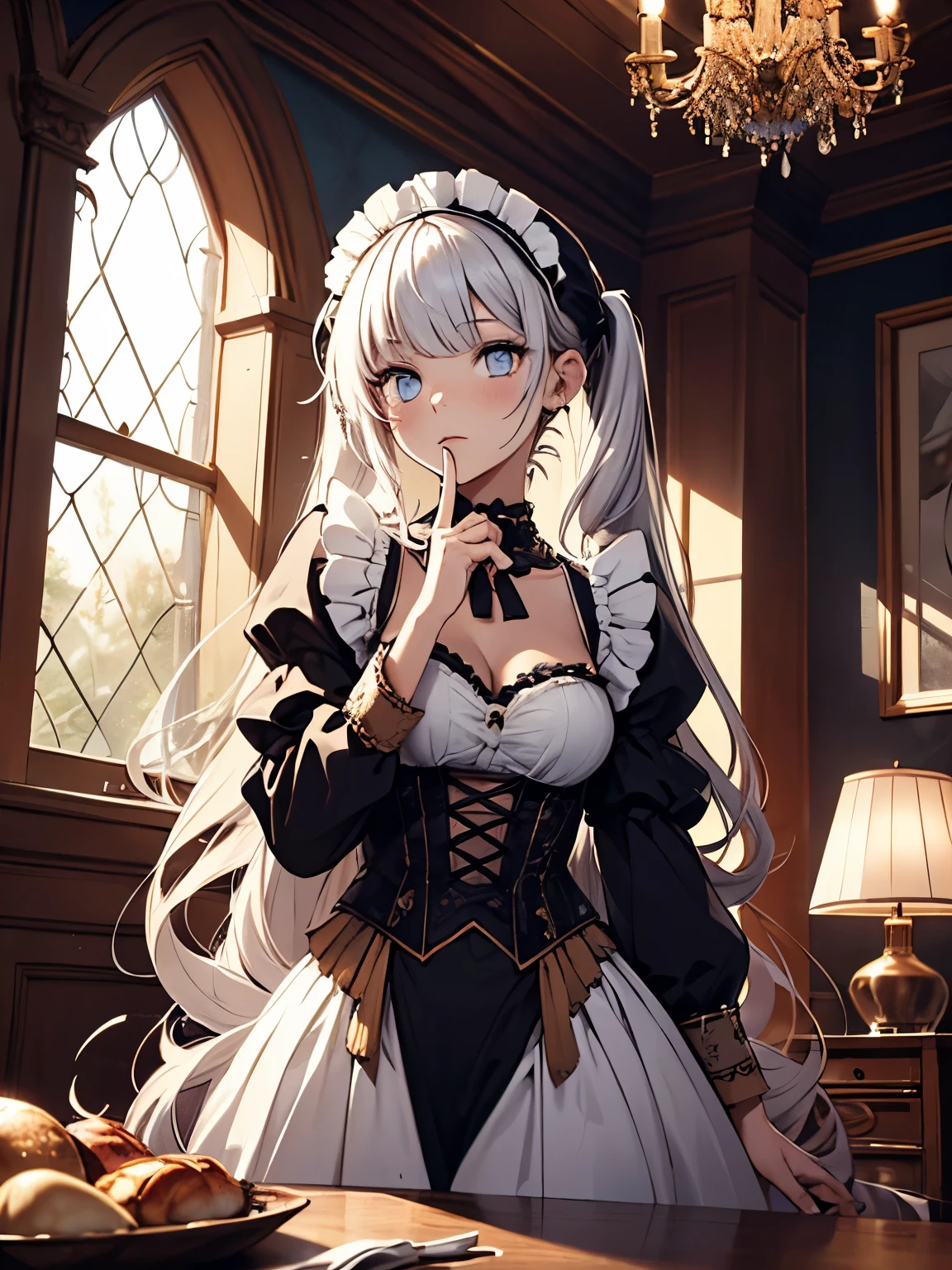 ((masterpiece )), (top quality), (best quality), ((ultra-detailed, 8k quality)), Aesthetics, volumetric lighting, (detailed line art),
BREAK,
highly detailed of (elf), (1girl), perfect face, details eye, double pigtails hair, Blunt bangs, (hair between eye), white hair, blue eyes, eyelashes, eyeshadow, pink eyeshadow, light smile, design art by Artgerm, by Kawacy, By Yoshitaka Amano,
BREAK,
portrait, frensh maid in a frensh maid outfit, victorian goth maid, headdress, indoors, ((antique victorian mansion)), dusty, dimly lit, candleholders, covered in cobwebs, cowboy shot, dynamic angle, side table, dangling her feet, sleepy eyes, tired expression, utmost boredom, looking at viewer, rests her chin on her hand, (graphic background, (plain background)), correct anatomy, amano yoshitaka, webbedtech, fuzzy organic webs, eroguronansensu, horror, Goat, gothic artstyle,
BREAK,
((perfect anatomy)), nice body, medium breast, extremely detailed finger, best hands, perfect face, beautiful face, beautiful eyes, perfect eyes, perfect fingers,