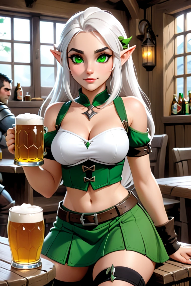 A female elf, long hair in red braids, very green eyes, freckles, thin lips, round face, medium breasts, wide hips, wearing black elf warrior clothes, imposing and distinguished, beautiful and arrogant female elf, serious and superior elf, sitting at a table in a tavern drinking a mug of beer and being admired by several adventurers
