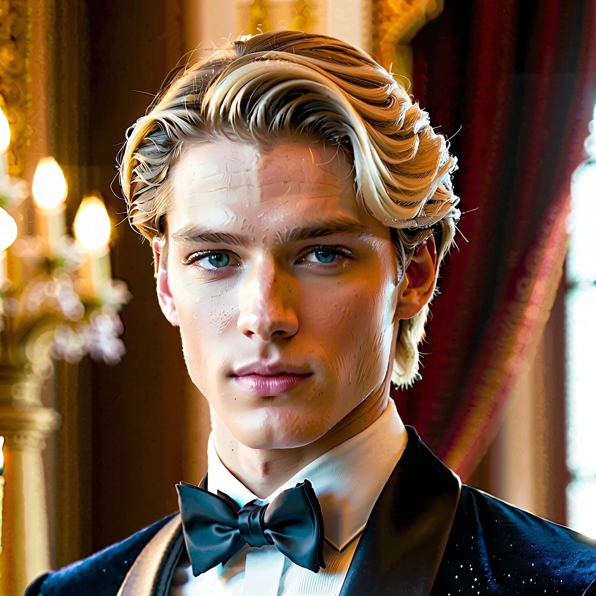 Visualize a 20-year-old German prince, the embodiment of grace and refinement, standing amidst the grandeur of a palace ballroom. His fair, short platinum blond hair is impeccably styled, framing his face with a youthful yet princely allure. His eyes, the lightest shade of blue, sparkle with intelligence and kindness, reflecting the noble spirit within. Clad in a wet tailored leather tuxedo, the prince exudes sophistication and charm. The black jacket fits him perfectly, accentuating his statuesque frame, while the crisp white shirt beneath adds a touch of purity to his ensemble. A sleek black bowtie adorns his collar, completing the look with a dash of timeless elegance. Behind him, ornate chandeliers cast a warm glow, illuminating the intricate details of the palace's architecture. Velvet draperies drape gracefully in the background, hinting at the wealth and majesty of his royal heritage. With a serene expression, the prince gazes out with quiet confidence, embodying the dignity and grace of Spanish royalty. This young prince is a vision of timeless elegance, capturing the hearts of all who behold him with his princely charm and undeniable allure