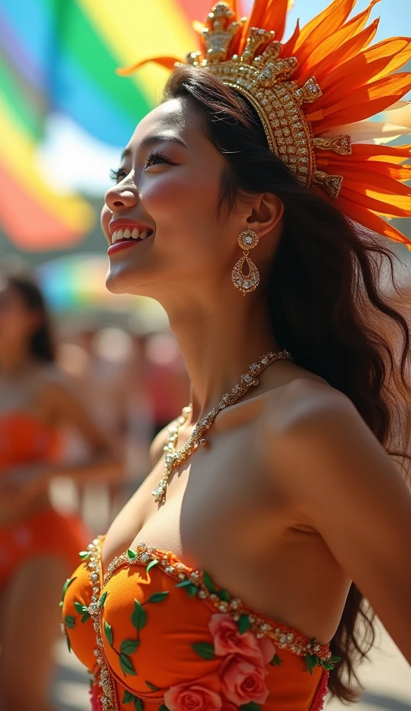 Highly detailed CG Unity 8k wallpaper, of the highest quality, super detailed, masutepiece, Realistic, photos realistic, extremely detailed cute girl, 25 years old, (Large breasts) , cleavage , (Samba Carnival Dancer, Samba Carnival Wear:1.2) , , Round eyes, viewer , Parted lips, Smile , Half body shot, orange lipstick, (potrait body), black eyes, (looking at viewer), squat legs on bed pose