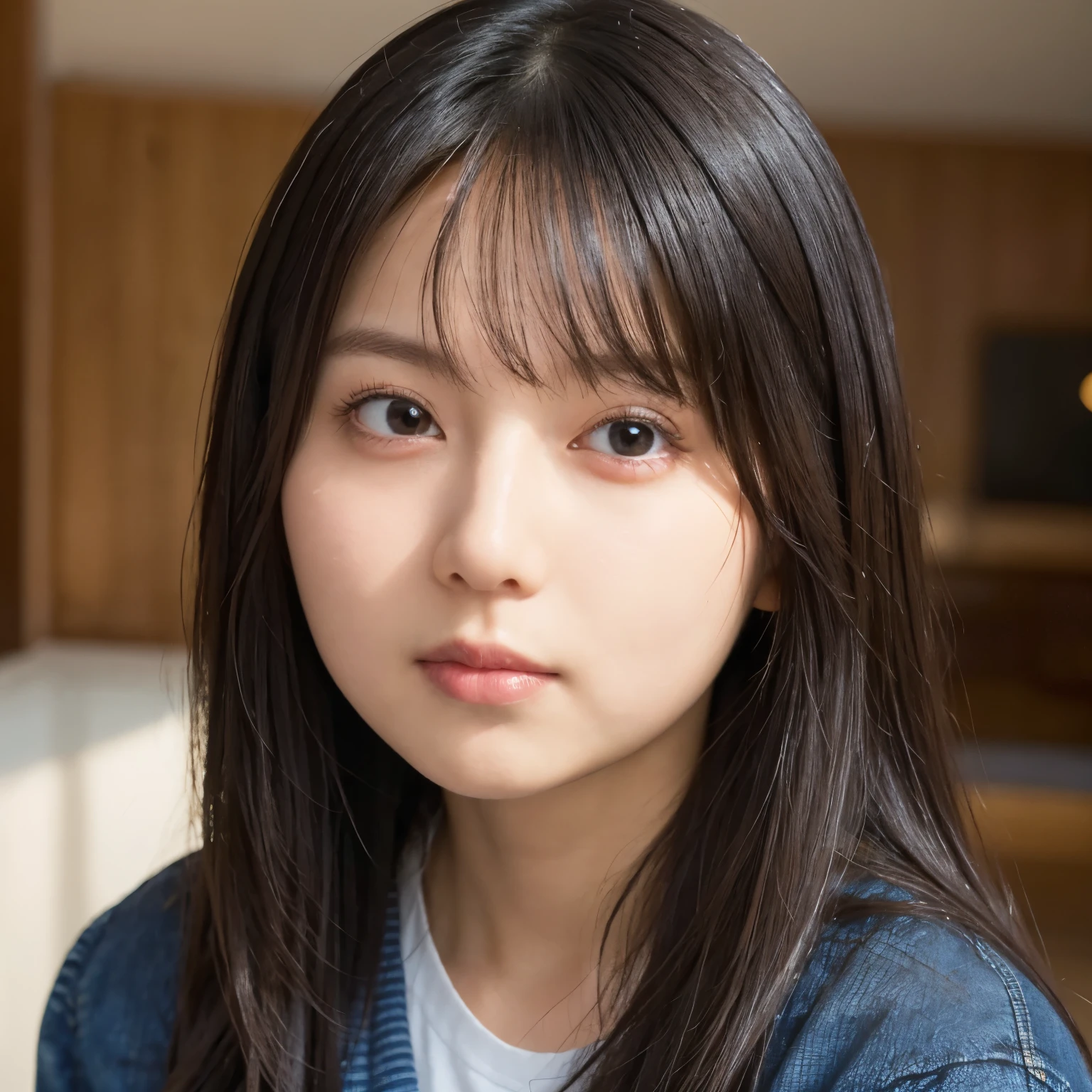  black cardigan ,  white t-shirt ,  denim shorts,  Living room with natural light , Sulky expression, ( puff up your cheeks:1.4),  selfie,   looking at camera ,  girl, busty,  black hair,  straight hair,  with bangs, 最高masterpiece, Lighting from the front, masterpiece,  best quality ,  ultra detail ,  Finely Details,  high resolution, 8k wallpaper,  perfect dynamic configuration,  A beautiful eye in every detail , natural color lips
