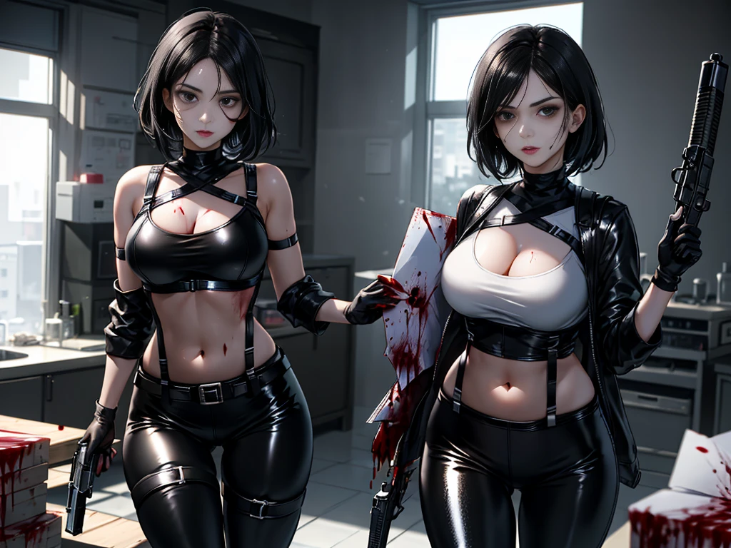 ((blood droplets)), ((blood)), ((blood splatter)), ((blood on clothes)), ((blood stain)), Masterpiece, Beautiful art, professional artist, 8k, Very detailed face, Detailed clothing, detailed fabric, 2 girls, looking at each other, View from the front, standing, BIG BREASTS, perfectly drawn body, shy expression, pale skin, beautiful face, long black hair, 4k eyes, very detailed eyes, pink cheeks, choker:1.6, (white long sleeve button down shirt with white collar), black gloves, gloves that cover hands, (holds an ax with his right hand), (black leather corset), (shiny black leggings), Sensual Lips, show details in the eyes, Atmosphere, fog, At night