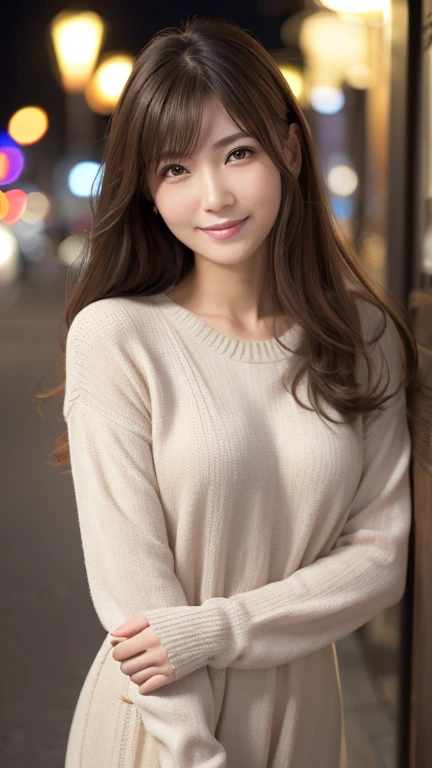 Tabletop, highest quality, shape, Very detailed, finely, High resolution, 8k wallpaper, 完璧なダイナミックな構shape, Beautiful and detailed, Elegant winter clothes,Medium Hair,Small Breasts Natural Color Lip, Bold sexy pose,smile、20-year-old girl、cute、Looking at the camera is sexy,night,Beautiful and elaborate face,Elegant face,Perfect and beautiful face,Slim face and body,Spread your arms wide、Background Blur