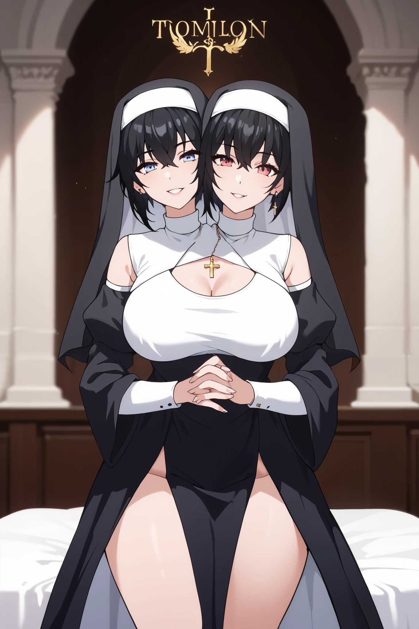 2heads, a tall thin woman with 2 heads, black hair, white hair, red eyes, blue eyes, grinning, She is wearing a nun and clothes that cover the breasta. She is inside a bedroom. She is walk in the bedroom, lager breasts. tomboy, ear piercing,