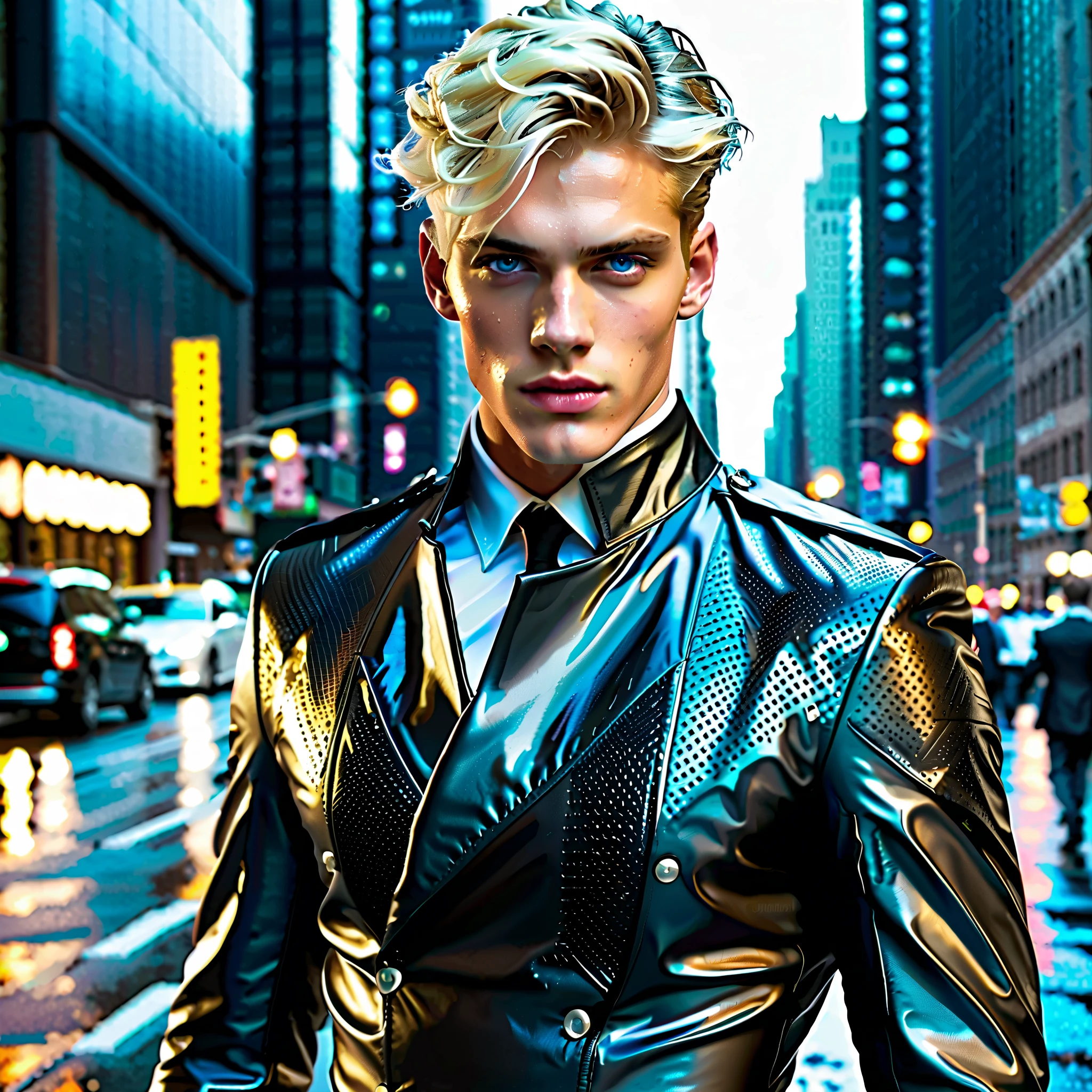 British-German male prince, age 20, street patrol in bustling city with skyscrapers, (((short light blond hair, cool style, striking blue eyes))), light reflecting, steely gaze, ((((wet sleek leather formal male dress)))), muscular build, (((noir film aesthetic))), sense of strength, youthful charisma, community interactions, tough yet compassionate, beacon of justice, determination, unwavering commitment to law and order, ultra realistic, vivid colors, dramatic