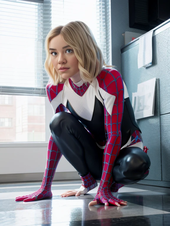 (Best quality, 8k, 32k, Masterpiece, UHD:1.2) "Enter the dynamic world of Spider-Gwen as she scales the walls of a towering building. Capture the essence of her agility and superhero prowess as she navigates the cityscape with grace. Illuminate the scene with a combination of moonlight and city lights, creating a captivating contrast between shadows and highlights. Showcase Spider-Gwen in her iconic costume, emphasizing the details of her sleek and vibrant attire. Highlight the urban environment with realistic textures and architectural features, immersing the viewer in a moment of exhilarating superhero action. Let the composition evoke the energy and excitement synonymous with Spider-Gwen's adventurous spirit."