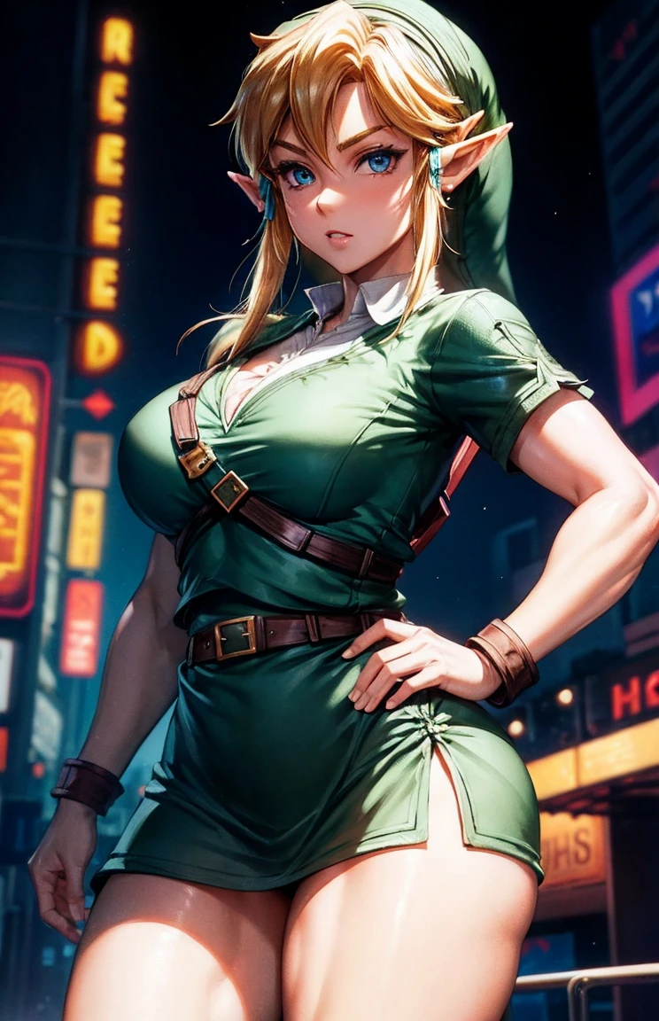 (link:1.5), legend of zelda, GS-womanly, 1girl, blonde hair, long hair, (big lips), pink eyes, huge breasts, light smile, blush, nose blush, outdoors, snowy night, midriff cutout, plaid print dress, microdress, skintight, time square, standing, cowboy shot, from below, centered portrait, thick thighs, thigh highs, anime, superiority, smile, thick thighs, wide hips, narrow waist, hourglass figure, bimbo, headband, dainty necklace, pearl earrings, white beret, hair clips